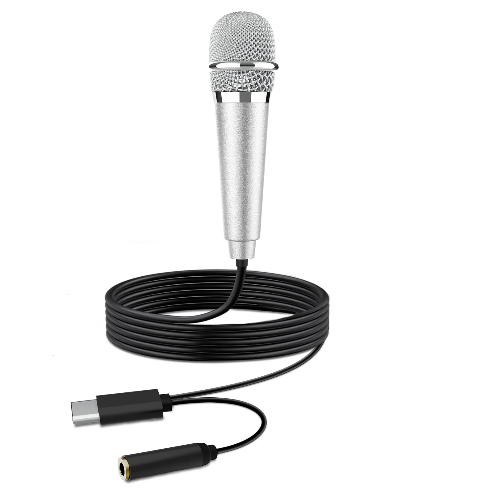 USB C Mini Karaoke Microphone for Android Phone, Laptop, Tablets Small ASMR Microphone for Voice Video Recording Singing, Vlogging, Podcasting YouTube (1 PCS Silver)