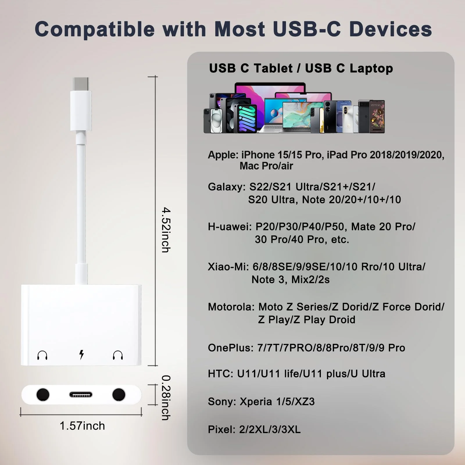 USB C to 3.5mm Audio Adapter, 3 in 1 Aux to USB C Headphone Splitter Dual 3.5mm Audio Jack and PD 60W Fast Charging, Compatible for iPad Pro,Galaxy S22 S21/Note 20,Pixel 4 3 XL,Huawei,etc White - Image 6