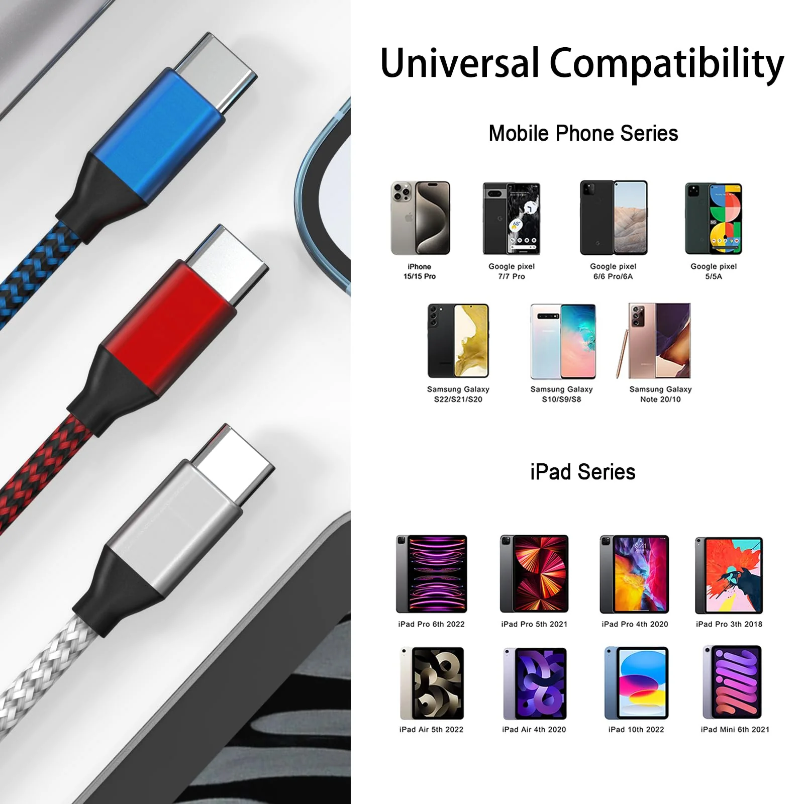 USB C to USB C Cable Nylon Braided 60W 3/3/6/6/10 FT USB Type C Fast Charging Cable for iPhone 15/15 Plus/15 Pro Max, MacBook Pro, iPad Pro Air, Samsung S24/S24 Ultra/S23 - Image 6