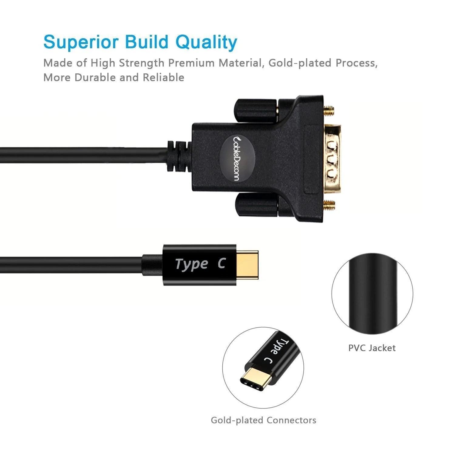 USB-C To VGA,CableDeconn Thunderbolt 3 Type C to VGA Male Converter Adapter Cable 1.8M - Image 2