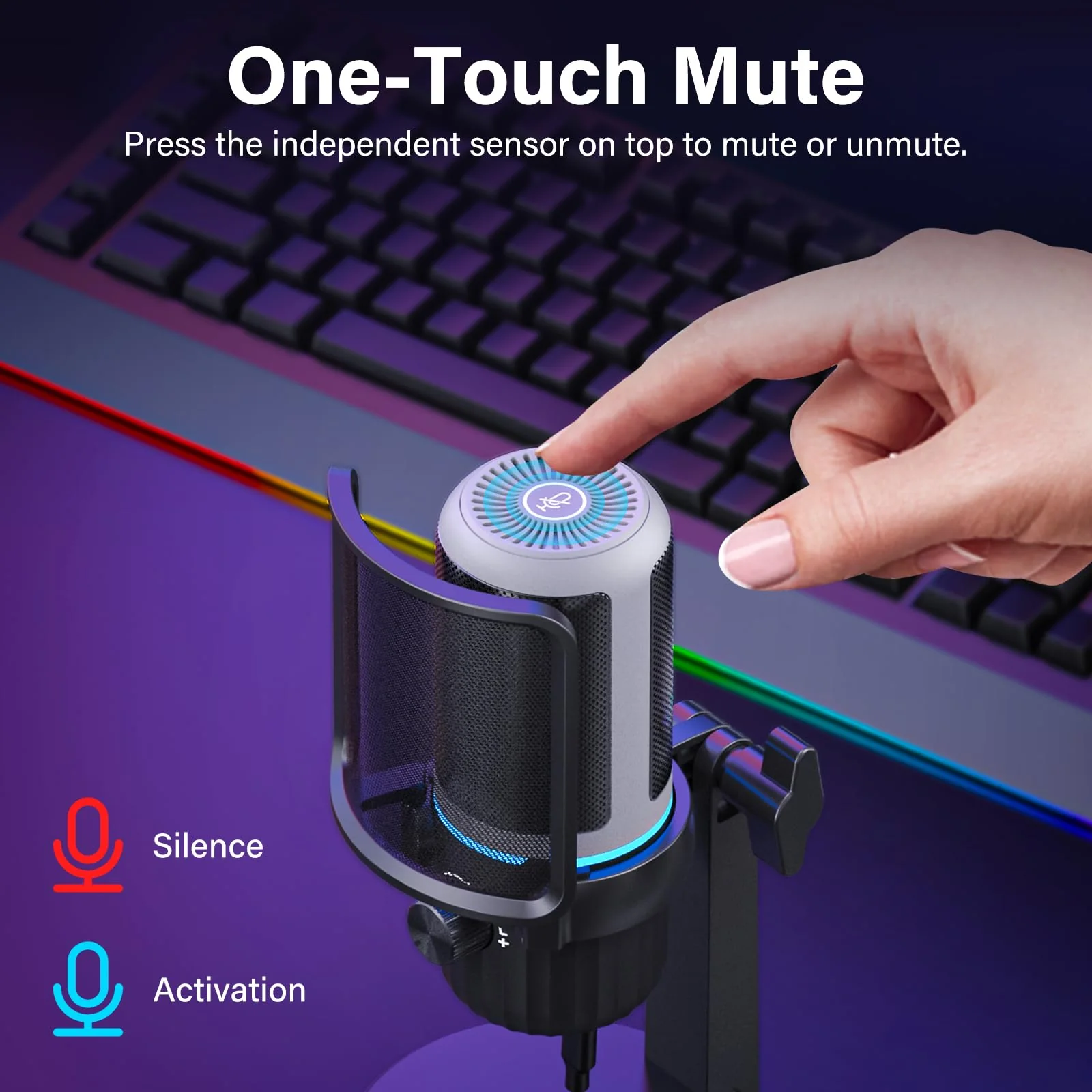 USB Condenser Gaming Microphone, PC Microphone for Streaming, Podcasts, Recording, Desktop Computer Mic with Mute Button & LED Indicator, Volume Control, Headphone Jack - Image 3