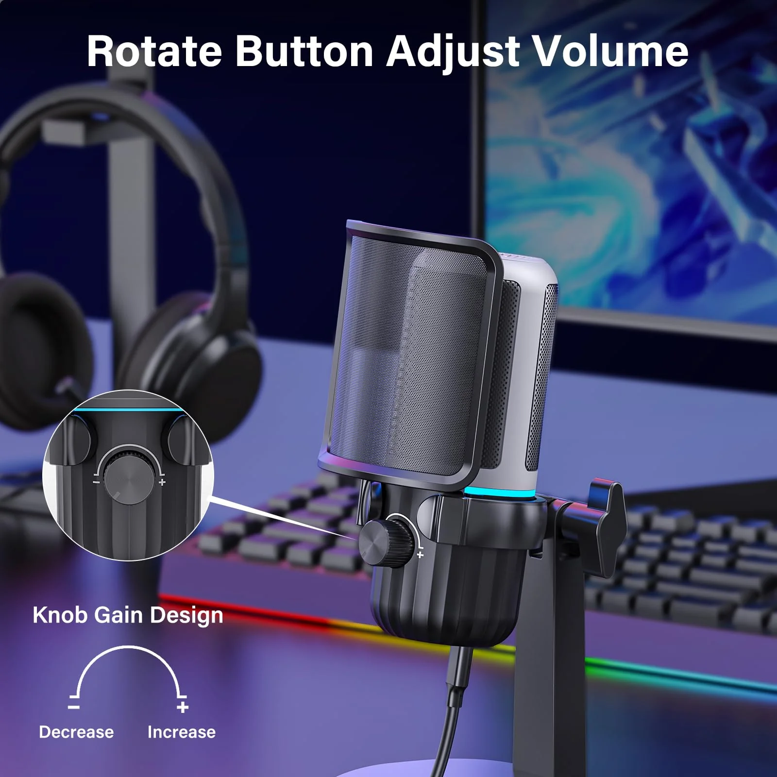 USB Condenser Gaming Microphone, PC Microphone for Streaming, Podcasts, Recording, Desktop Computer Mic with Mute Button & LED Indicator, Volume Control, Headphone Jack - Image 4