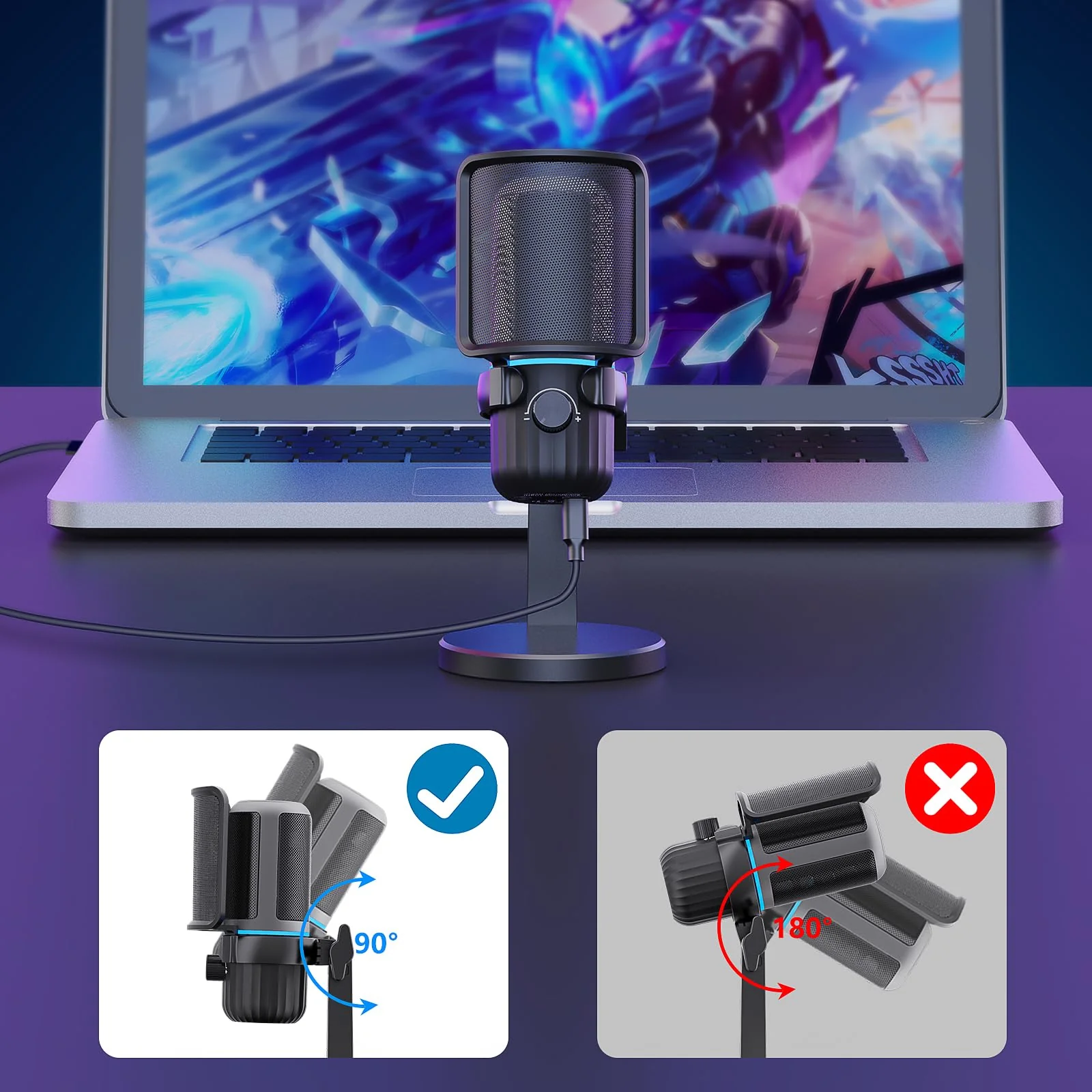 USB Condenser Gaming Microphone, PC Microphone for Streaming, Podcasts, Recording, Desktop Computer Mic with Mute Button & LED Indicator, Volume Control, Headphone Jack - Image 6