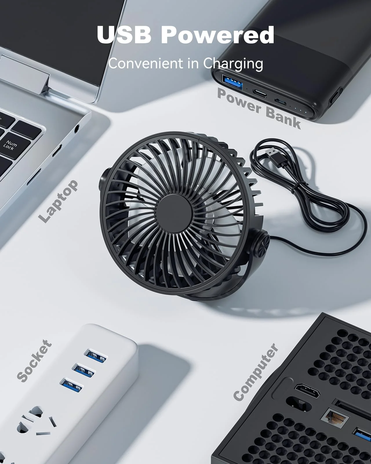 USB Desk Fan, 5 Inch Mini Portable Fan, 3 Speeds Strong Airflow Personal Desktop Fan, Detachable Cooling Fan 360° Rotation Quiet Small Fan for Desk Home Office Travel Car, Black, 5ft Cable - Image 4