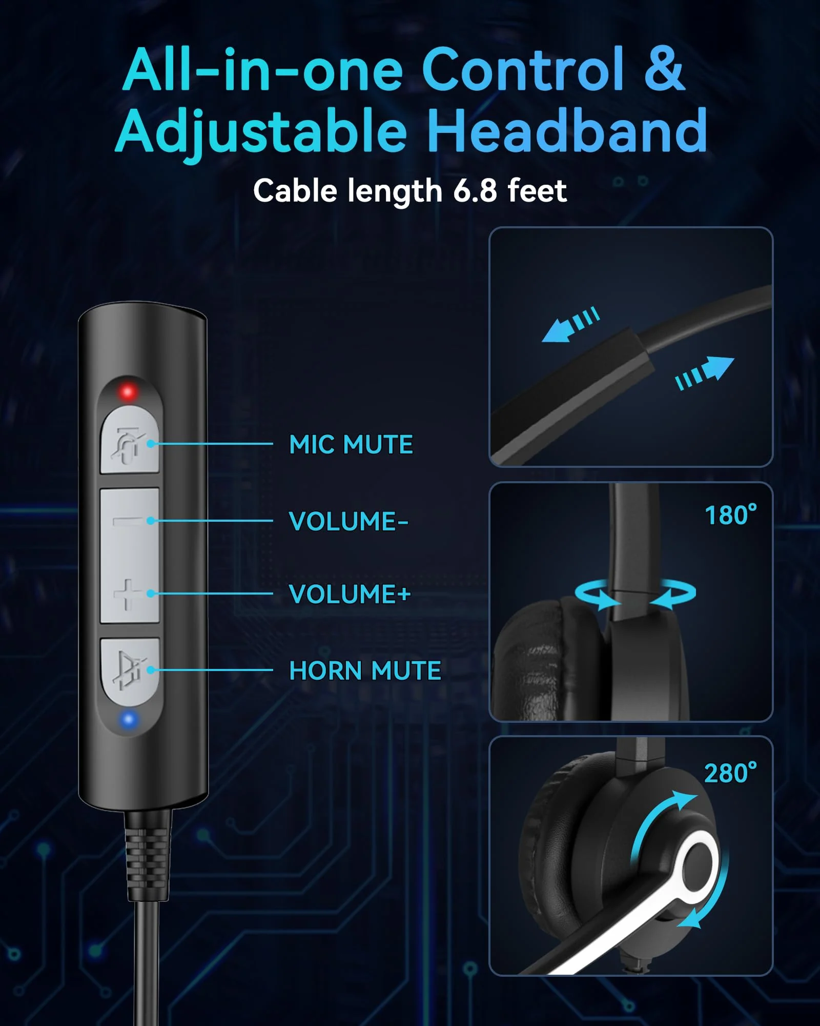 USB Headset with Microphone, Computer Headphones for PC Laptop, Wired Work Headset with Noise Canceling Microphone & In-line Control for Home Office, Teams Meetings, Online Class, Call Center, Zoom One ear - USB+3.5mm+USB-C - Image 4