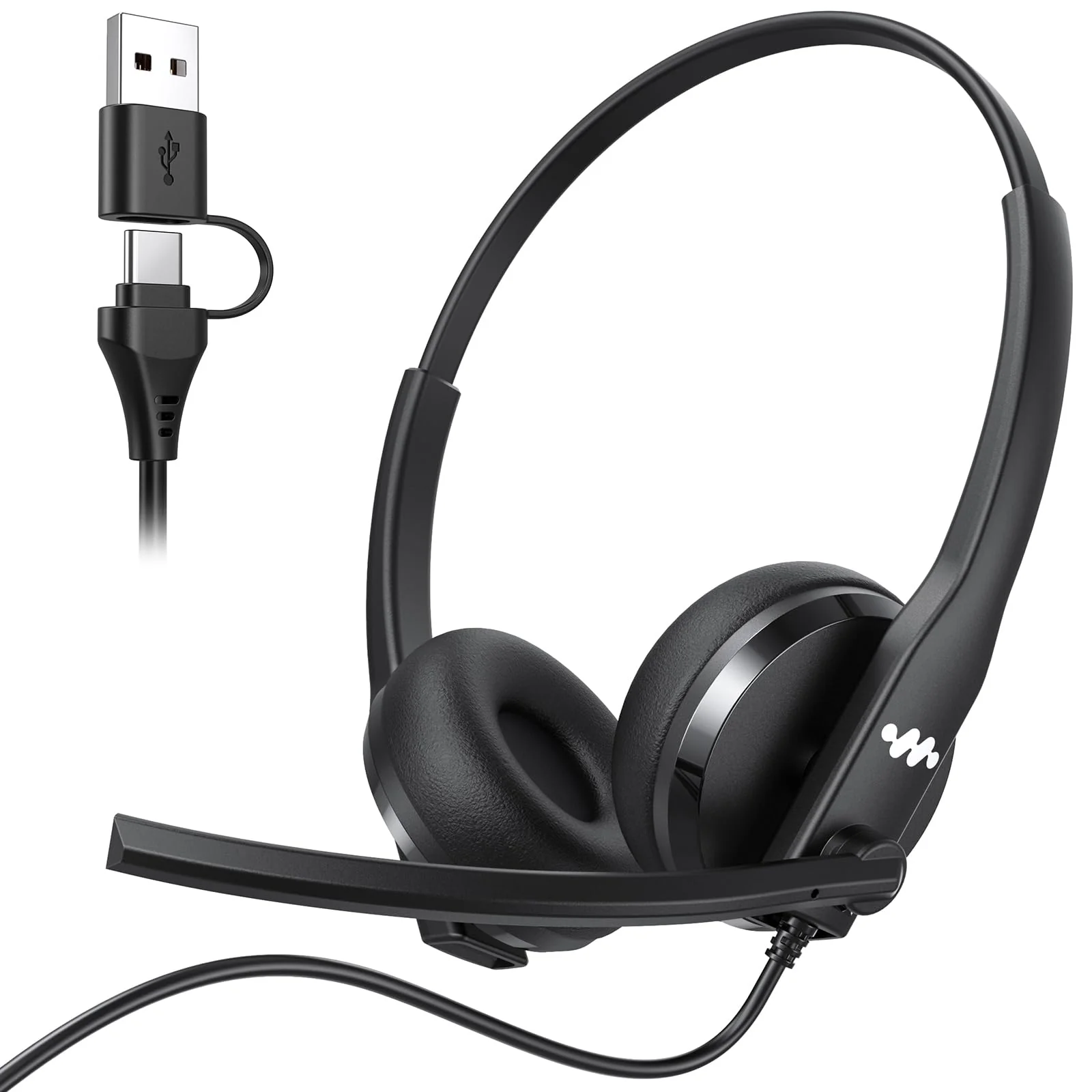 USB Headset with Microphone for PC,Wired Computer Laptop Headset with Noise Cancelling Microphone, Work Headphones with Mic for Home Office Teams Zoom (USB-A&C)-Black Black