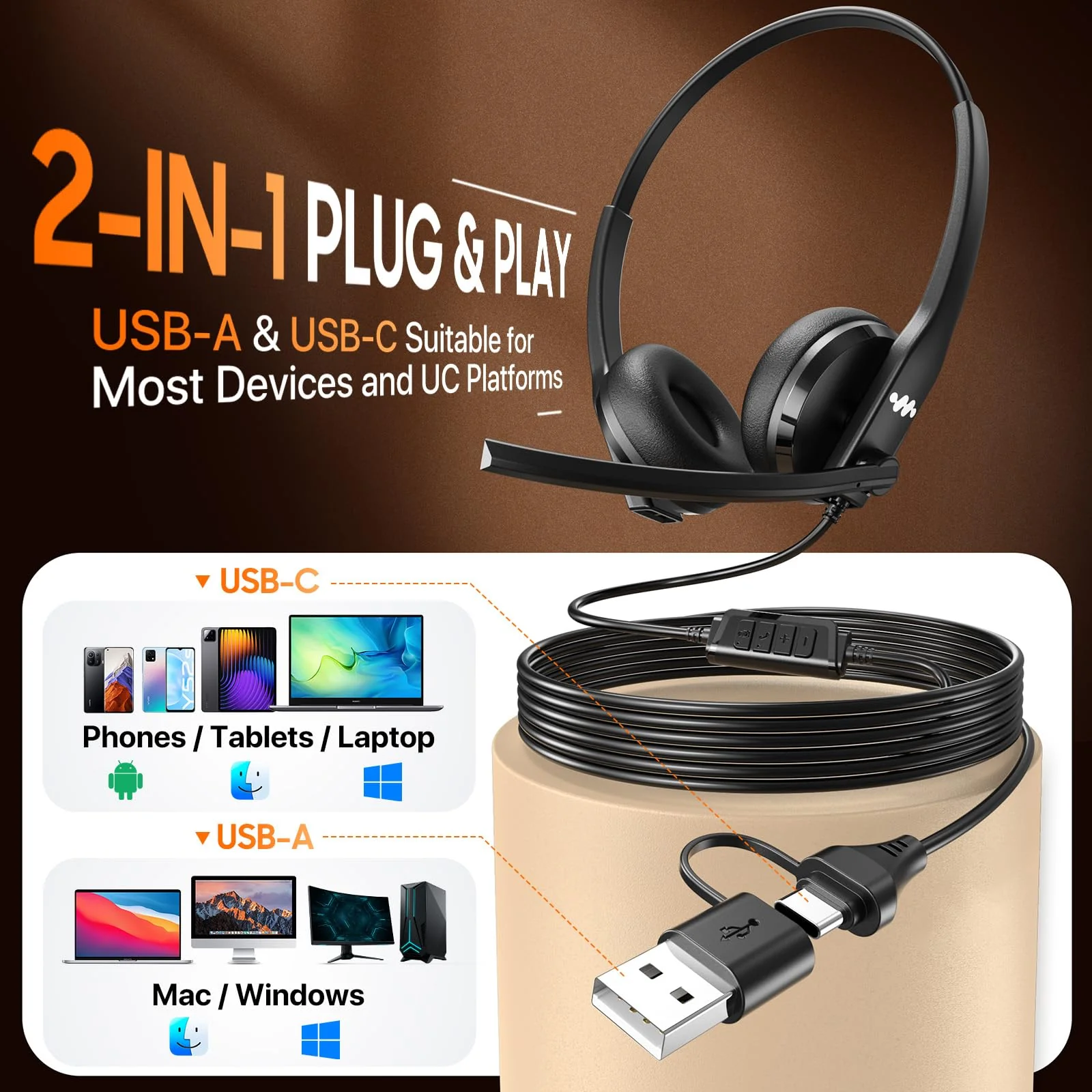 USB Headset with Microphone for PC,Wired Computer Laptop Headset with Noise Cancelling Microphone, Work Headphones with Mic for Home Office Teams Zoom (USB-A&C)-Black Black - Image 3