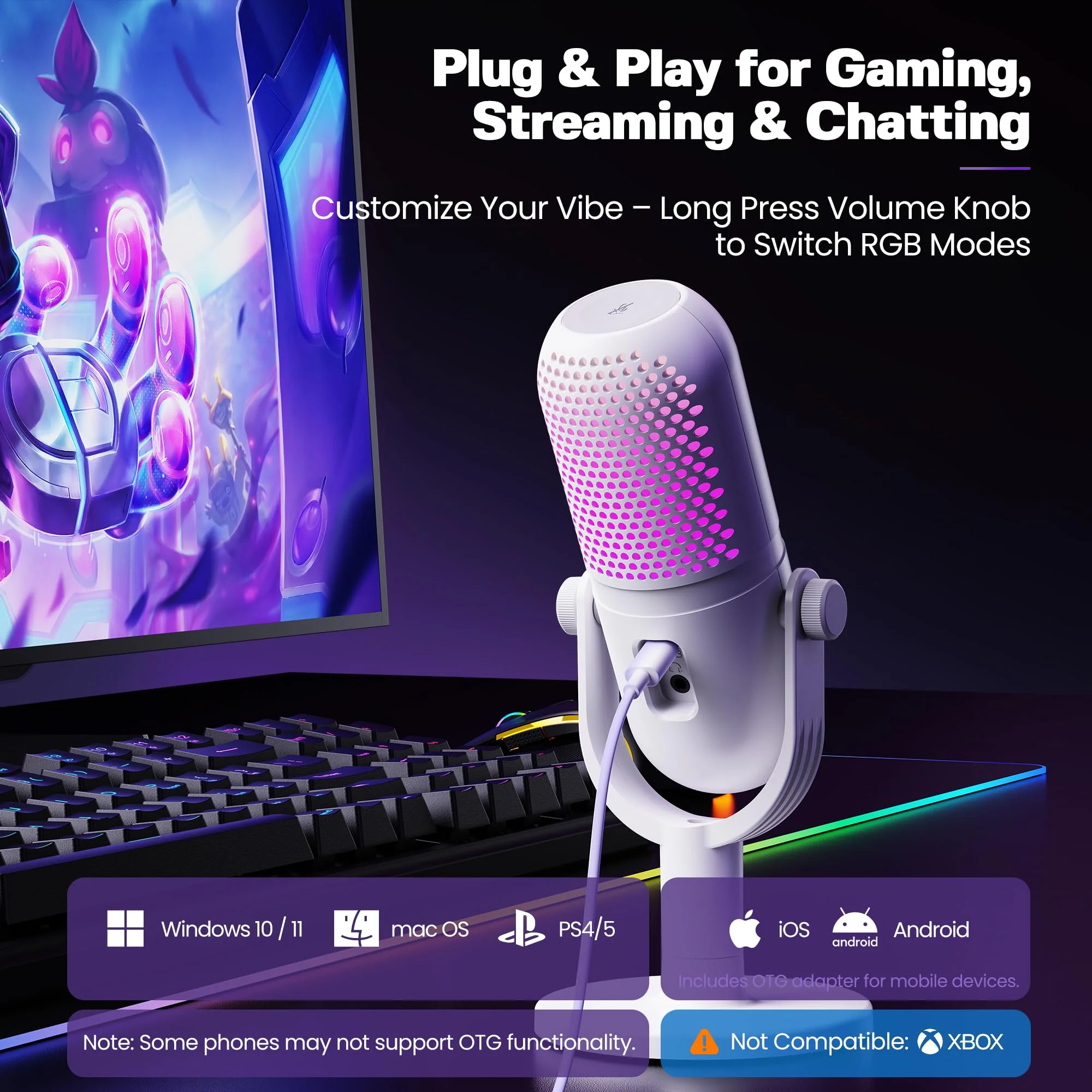 USB Microphone for PC Gaming: Condenser Microphone RGB for Gamer with Stand Mic - Recording Mic for Computer&Laptop with Qiuck Mute - Desk Podcast Mic for Podcast & Singing & Streaming & Youtube White - Image 5