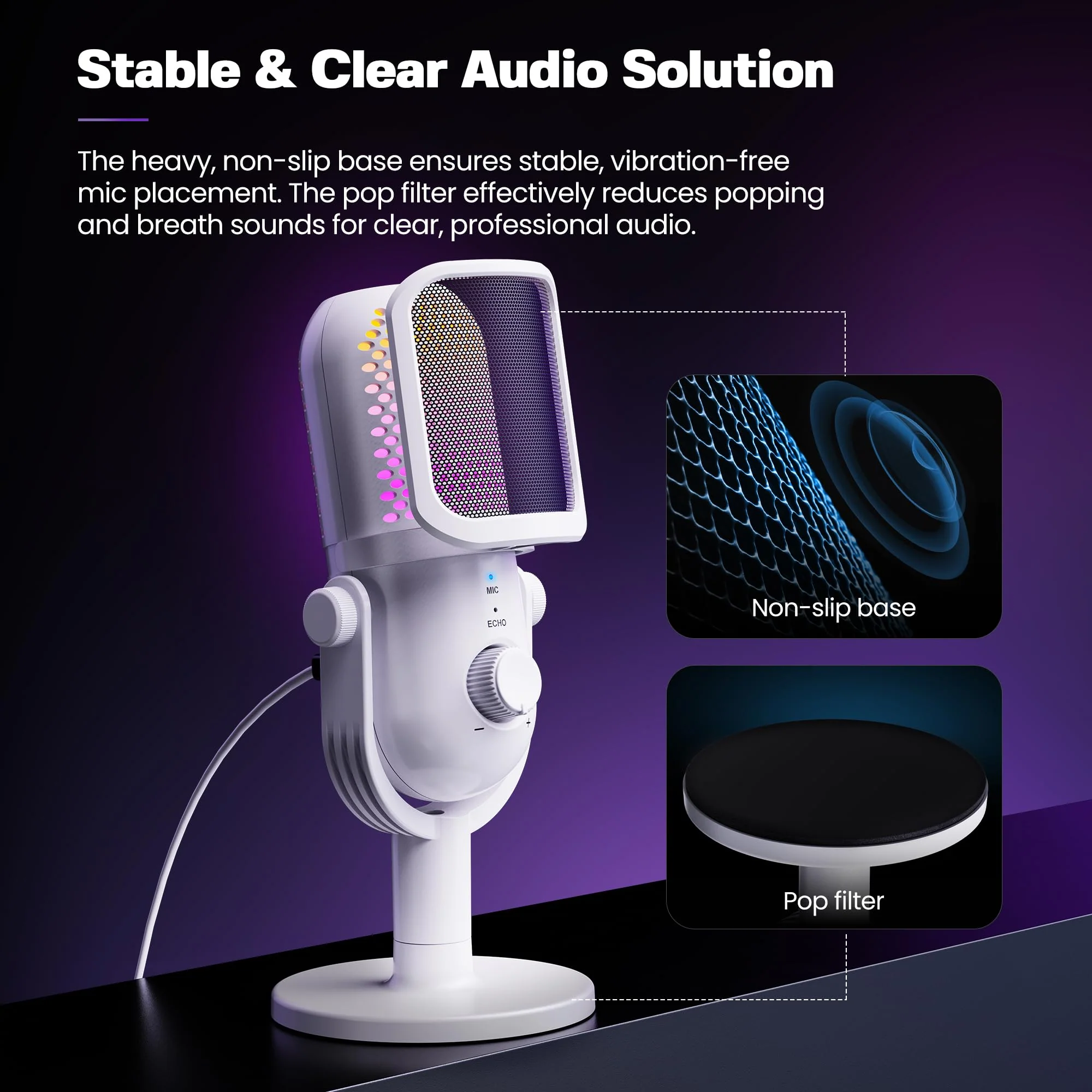 USB Microphone for PC Gaming: Condenser Microphone RGB for Gamer with Stand Mic - Recording Mic for Computer&Laptop with Qiuck Mute - Desk Podcast Mic for Podcast & Singing & Streaming & Youtube White - Image 6