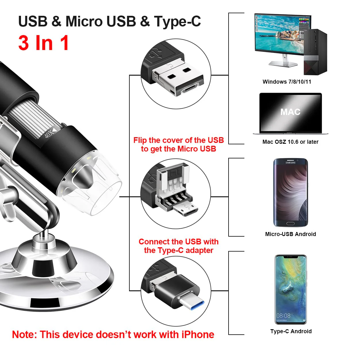 USB Microscope Camera with Stand & Carrying Case, Cainda Digital Microscope Compatible with Android Windows Linux Mac, Portable Magnifier Camera for Kids Students Adults(Not for iPhone/iPad) Black - Image 2