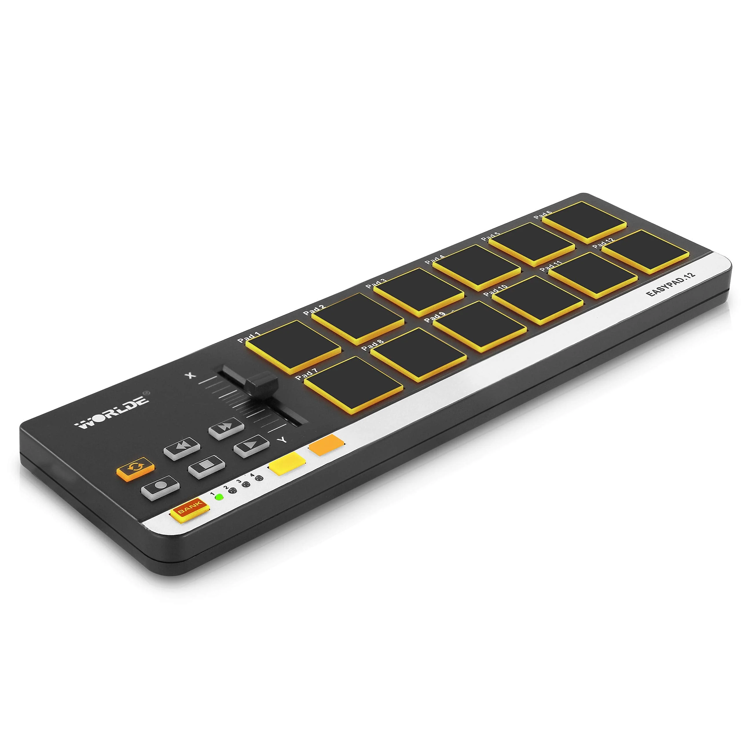 USB MIDI Controller Drum Pad - Mini Portable Beat Maker Workstation Equipment w/ 12 Drum Pads, DJ Fader Slider & Transport Buttons - Control any DAW Software Kit for Laptop Recording - Pyle PMIDIPD20