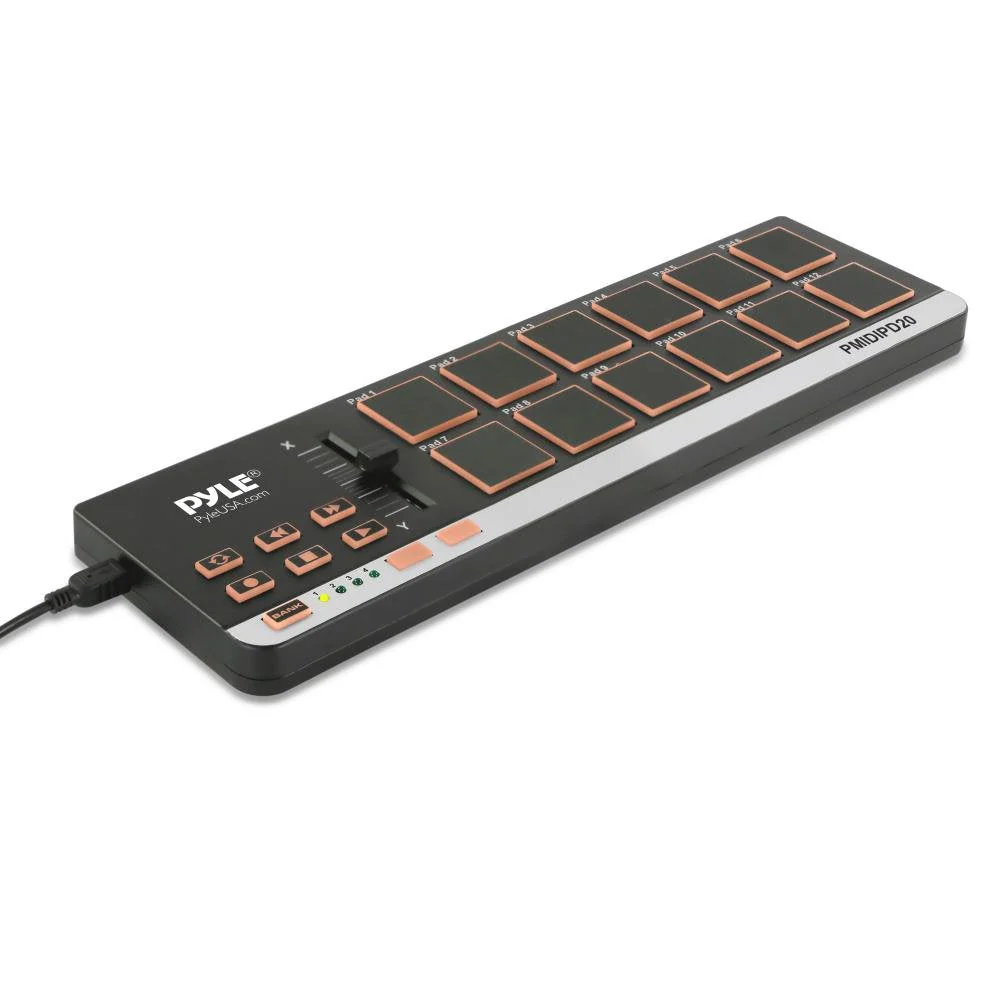 USB MIDI Controller Drum Pad - Upgraded Mini Portable Beat Maker Workstation Equipment w/12 Drum Pads, DJ Fader Slider & Transport Buttons - Control any DAW Software Kit - Pyle PMIDIPD20_0