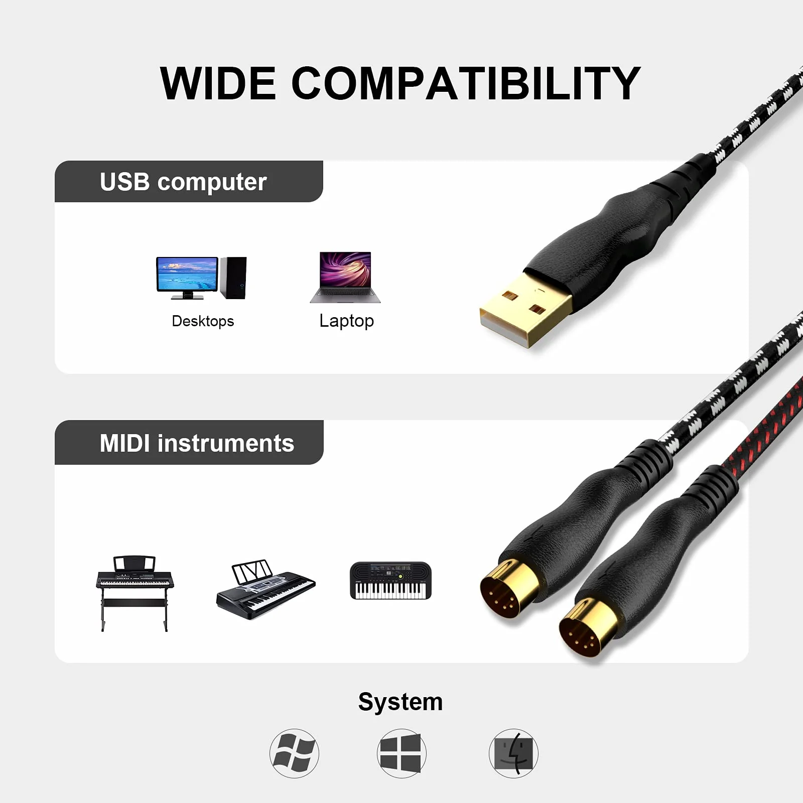 USB to MIDI Cable 6.5Ft, MIDI Interface Adapter,MIDI to USB Cable Converter for Music Keyboard Piano to PC Mac Laptop Windows Android - Image 2