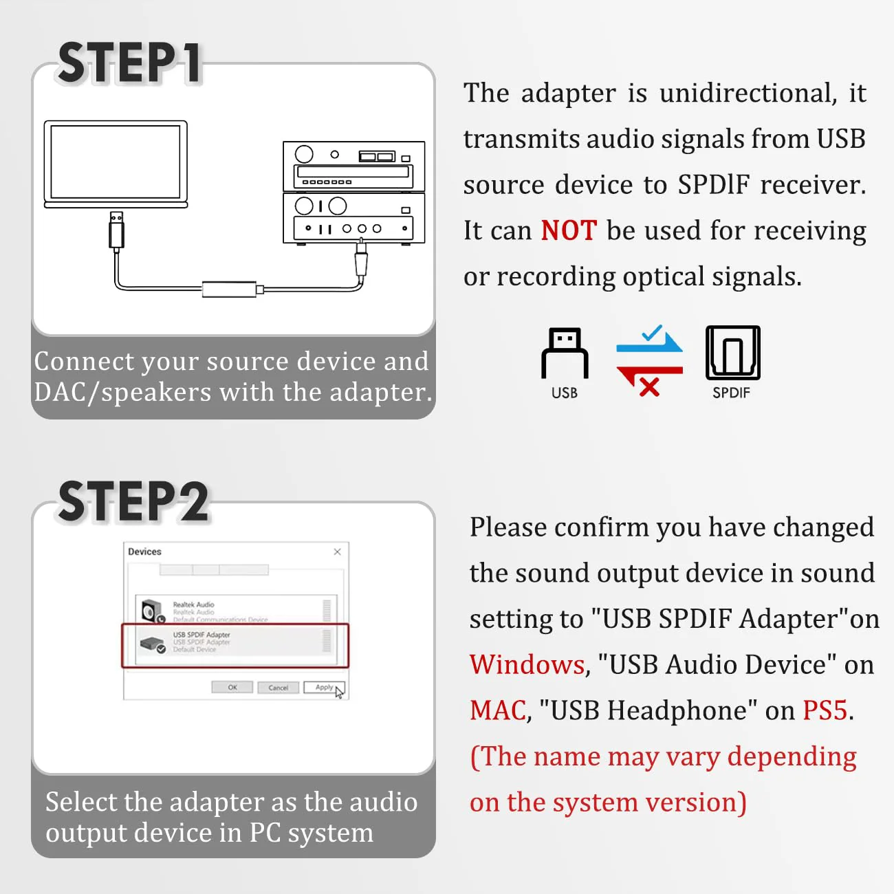USB to Optical Audio Adapter, PC to SPDIF Sound Card Optical Output Compatible with Windows macOS Laptop Computer, Not for TV, One Way Signal Only from USB to Toslink, Not support 5.1 Channel - Image 4