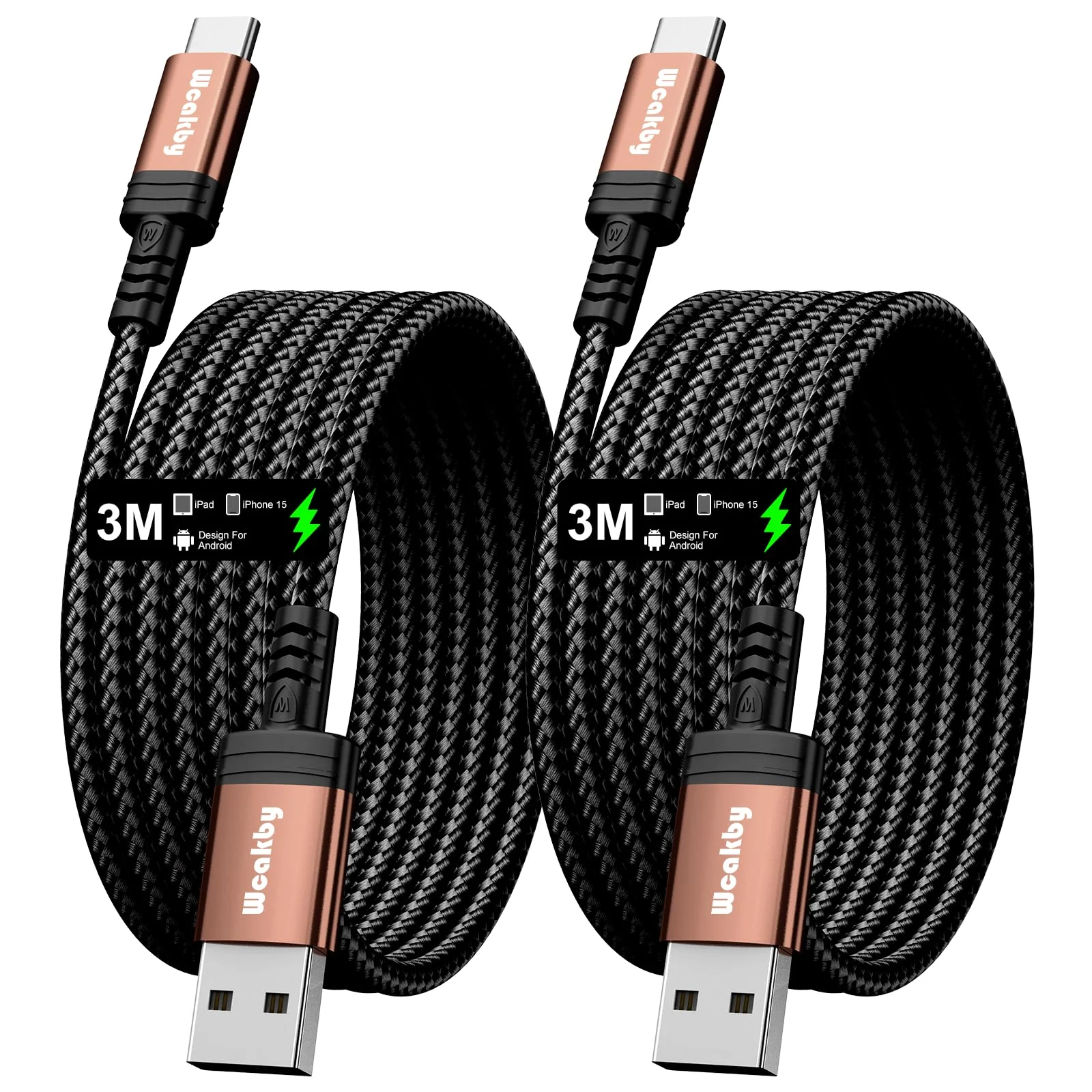 USB to USB C Fast Charging Cable 3.1A [2 Pieces 3 m] | Samsung Charging Cable for iPhone 16/15 Pro Max, Samsung Galaxy S24/S23/S22, Note, A71/A55/A52, Pixel, LG, Moto & More 3 m + 3 m Golden Brown