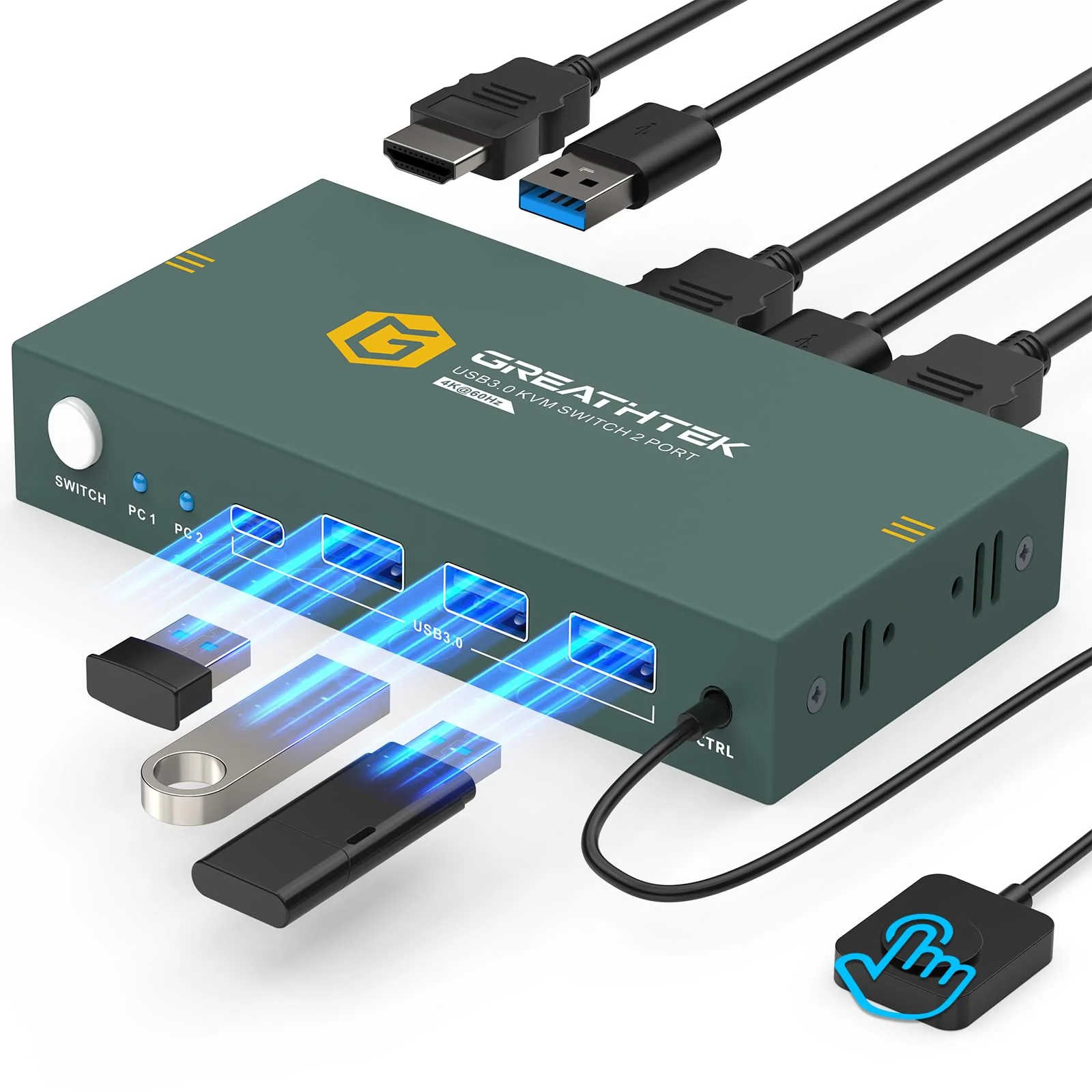 USB3.0 KVM Switch 2 Port HDMI, 4K@60Hz KVM Switch 1 Monitors 2 Computers with 3 USB3.0 Ports, HDMI KVM Switches for 2 PCs Share 1 Monitors and USB Devices, Support Button Switch, EDID Deep Blue