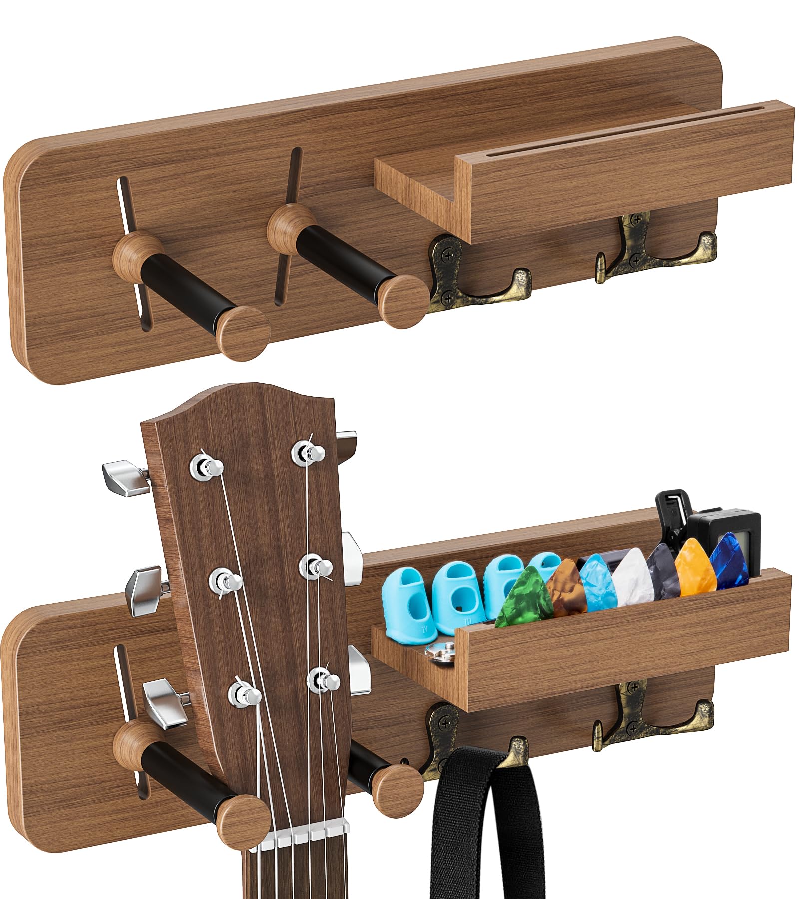 USION 2-Pack Guitar Wall Mount, Adjustable Guitar Hanger Wall Mount with Pick Holder and 2 Hooks Wood Guitar Wall Hangers, Guitar Holder for Acoustic, Electric, Bass, Ukulele(Brown 2PCS) brown 2PCS
