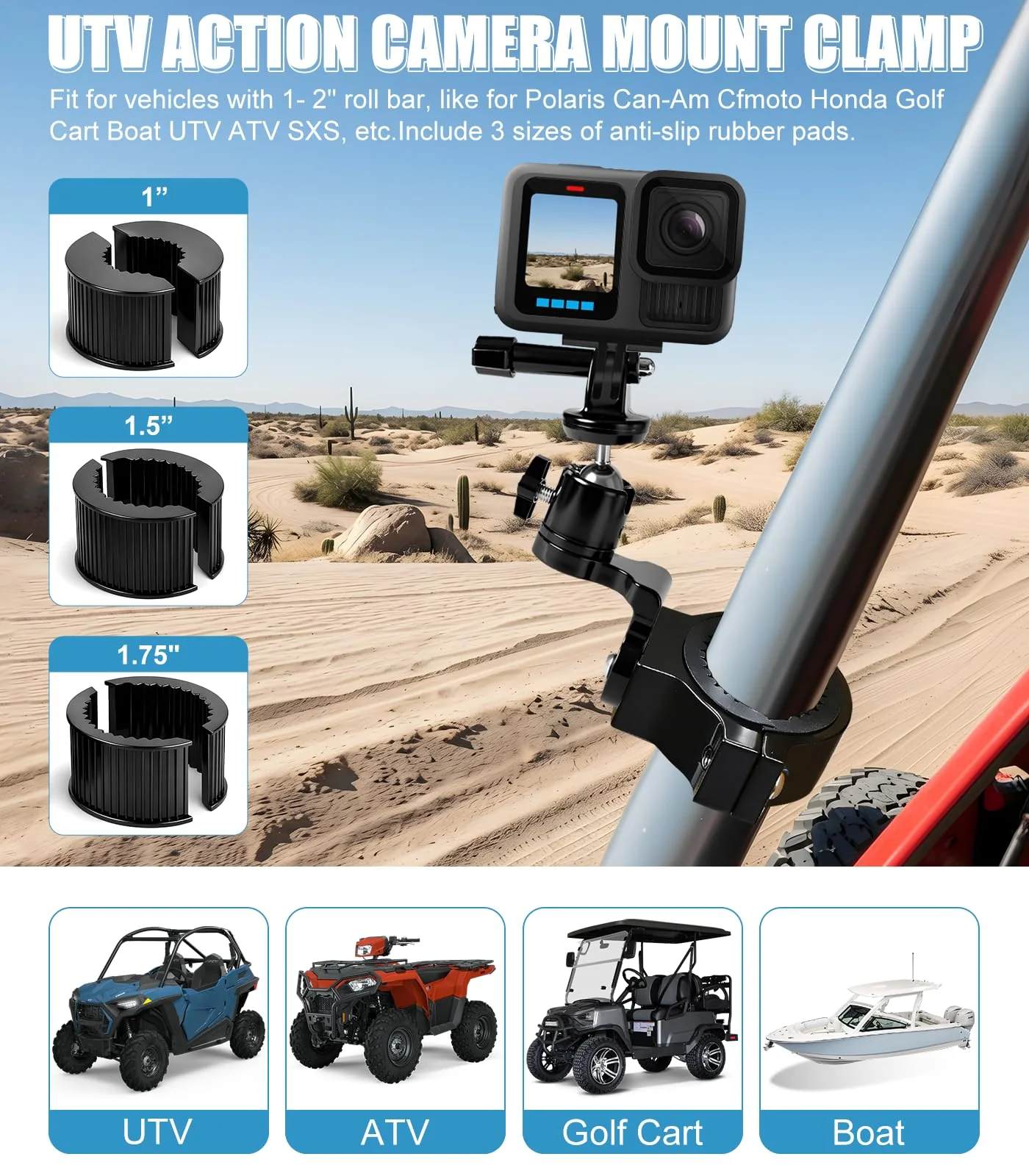 UTV Aluminum Action Camera Clamp Mount Holder Fits for GoPro Hero 13 12 11 10 9 8 7 6 5 4 3 DJI Osmo Arlo Akaso EK7000 Insta360 Cams, 1-2" Roll Bar Clamps for SXS Polaris Ranger Can-Am CF Moto - Image 4