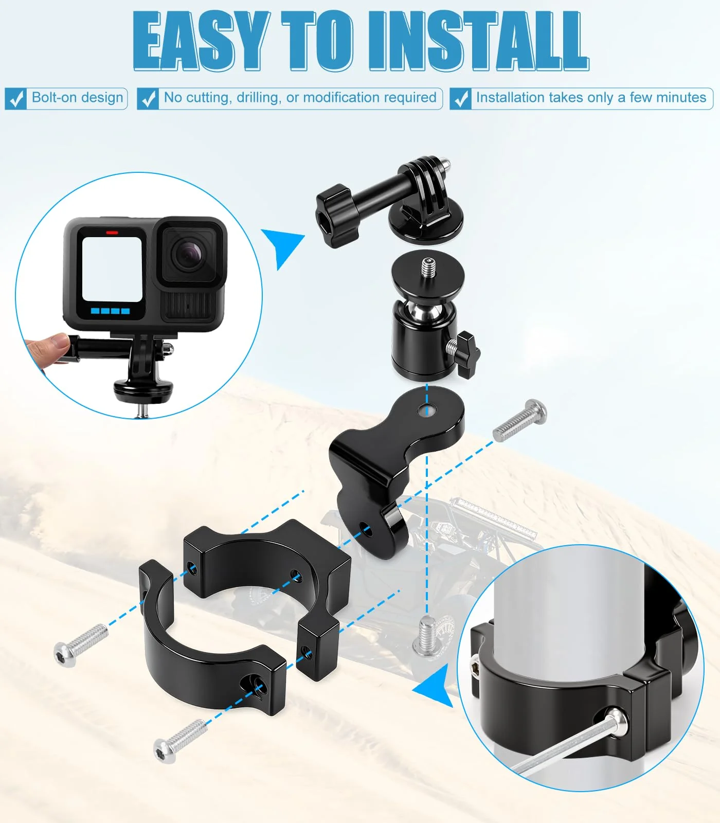 UTV Aluminum Action Camera Clamp Mount Holder Fits for GoPro Hero 13 12 11 10 9 8 7 6 5 4 3 DJI Osmo Arlo Akaso EK7000 Insta360 Cams, 1-2" Roll Bar Clamps for SXS Polaris Ranger Can-Am CF Moto - Image 8