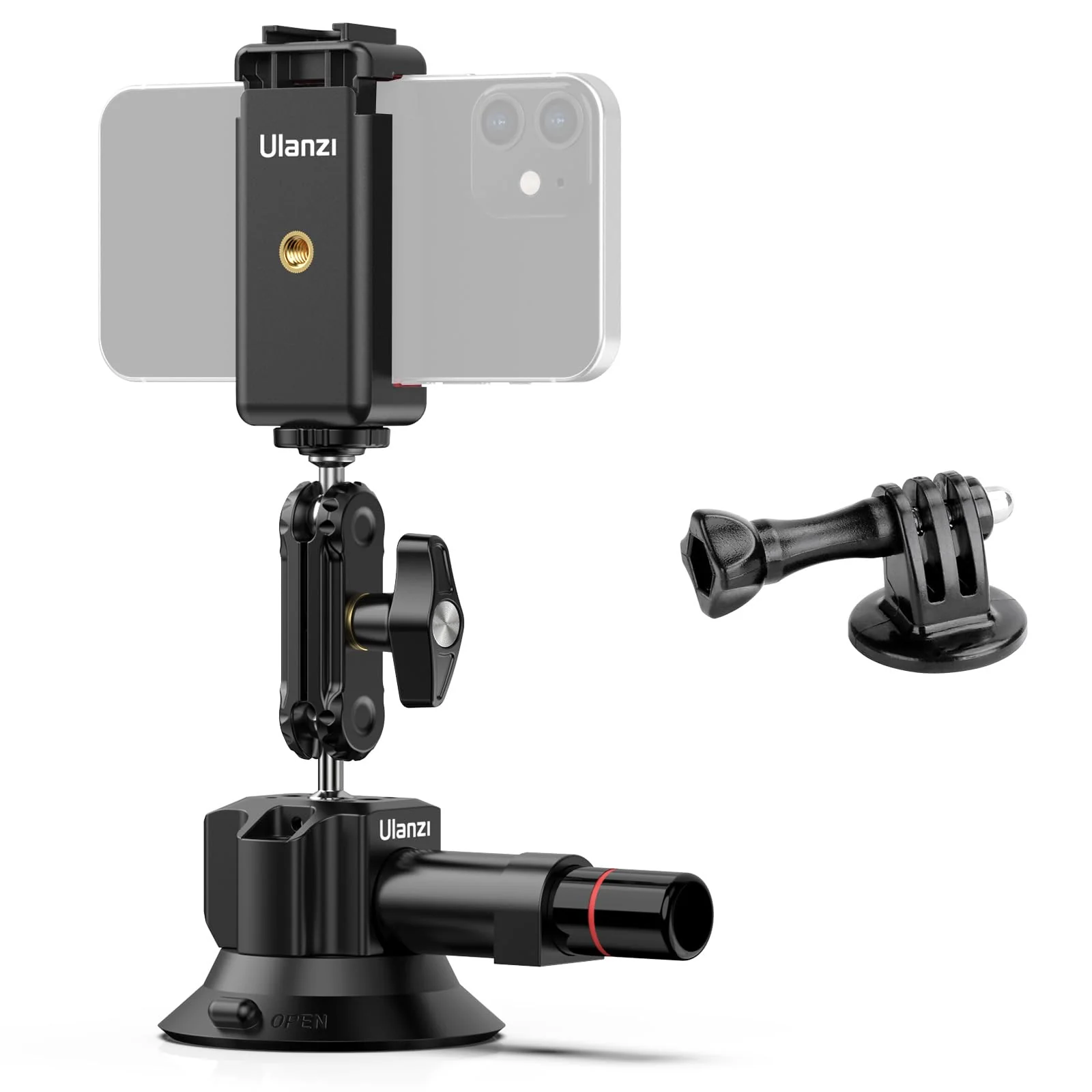 UURig SC-01 Suction Mount 3" for Vlogging Action Camera Car w Smartphone Clamp Compatible with DJI OSMO Pocket 3/OSMO 360/Insta 360 x5/Xtra/iPhone 17 16 15 14Pro Max, 1/4" Magic Arm Windshield Window 3" SC-01 Suction Mount