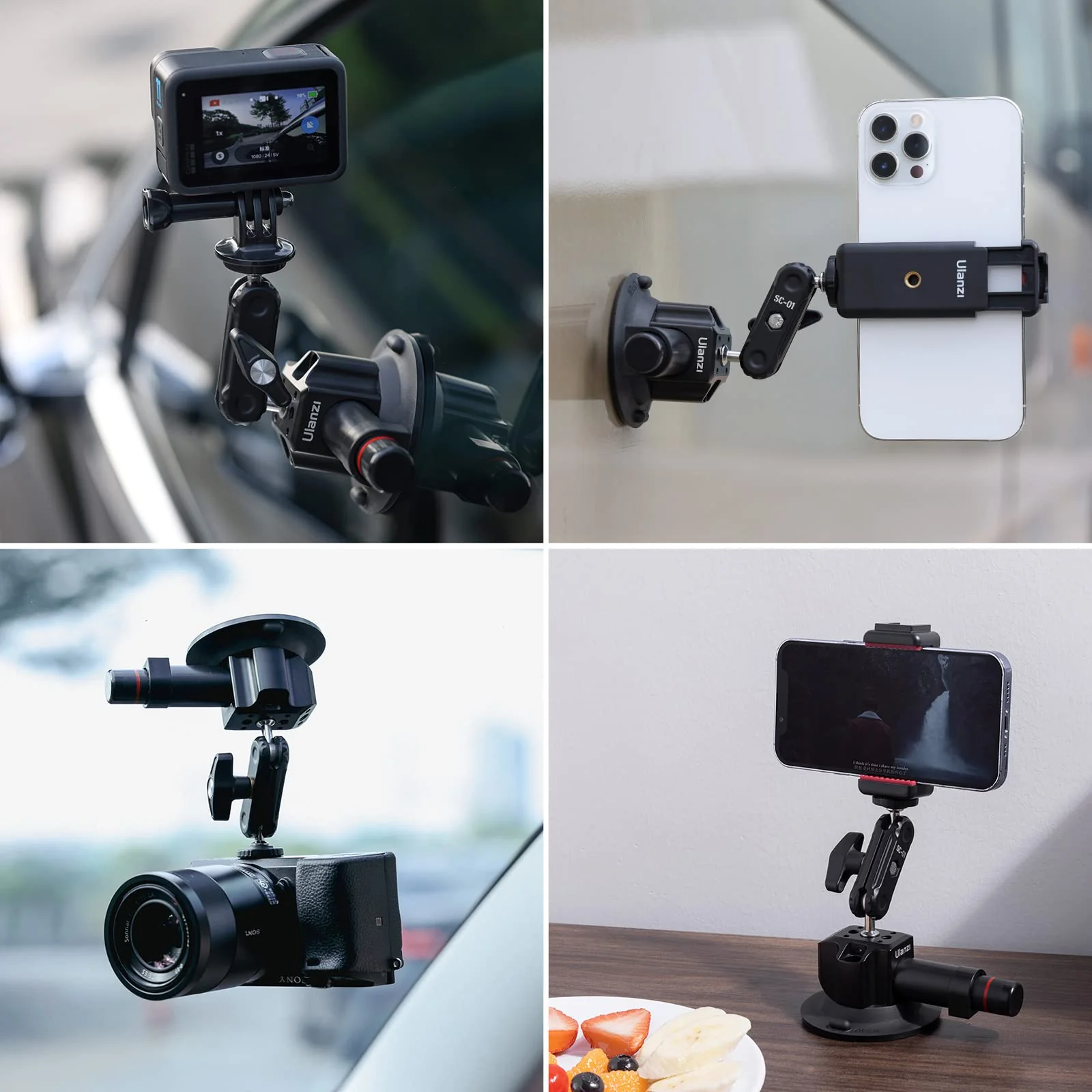 UURig SC-01 Suction Mount 3" for Vlogging Action Camera Car w Smartphone Clamp Compatible with DJI OSMO Pocket 3/OSMO 360/Insta 360 x5/Xtra/iPhone 17 16 15 14Pro Max, 1/4" Magic Arm Windshield Window 3" SC-01 Suction Mount - Image 2