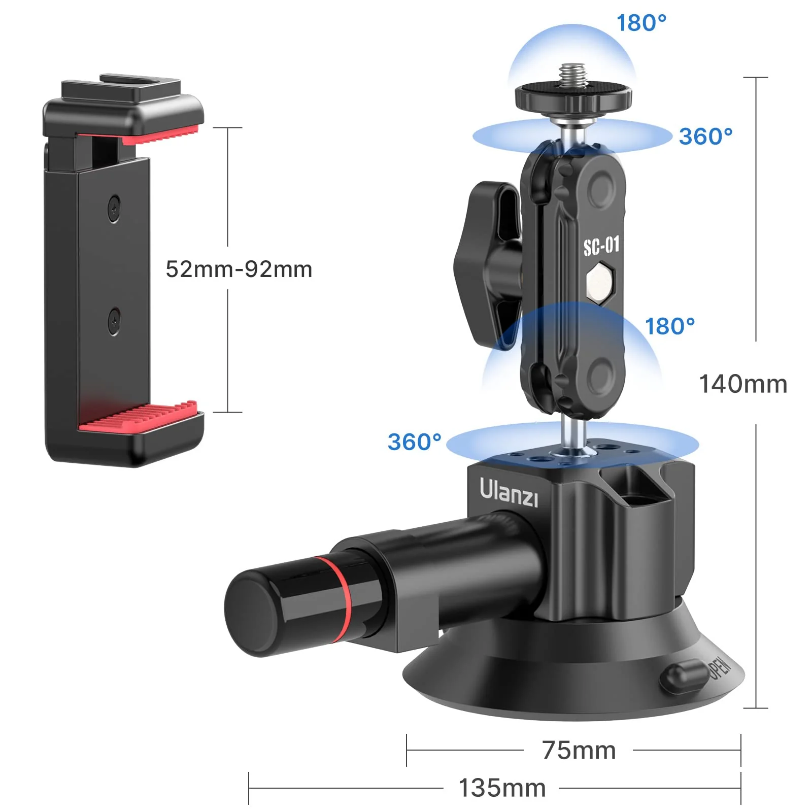 UURig SC-01 Suction Mount 3" for Vlogging Action Camera Car w Smartphone Clamp Compatible with DJI OSMO Pocket 3/OSMO 360/Insta 360 x5/Xtra/iPhone 17 16 15 14Pro Max, 1/4" Magic Arm Windshield Window 3" SC-01 Suction Mount - Image 3