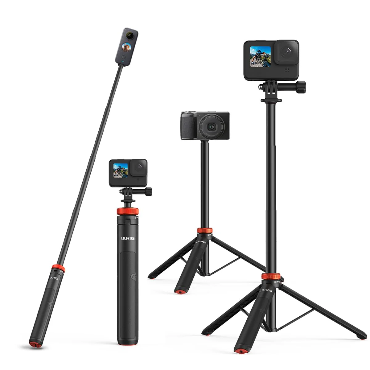 UURig Telescopic Selfie Stick Long with Tripod, Waterproof Hand Grip, for Insta360 GoPro Hero 10 9 8 7 6 5 4 3 2, Fusion, Max, Session, AKASO, SJCAM, DJI OSMO GoPro A0009