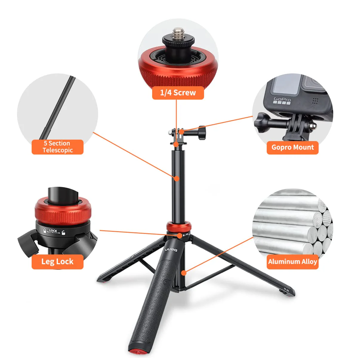 UURig Telescopic Selfie Stick Long with Tripod, Waterproof Hand Grip, for Insta360 GoPro Hero 10 9 8 7 6 5 4 3 2, Fusion, Max, Session, AKASO, SJCAM, DJI OSMO GoPro A0009 - Image 3