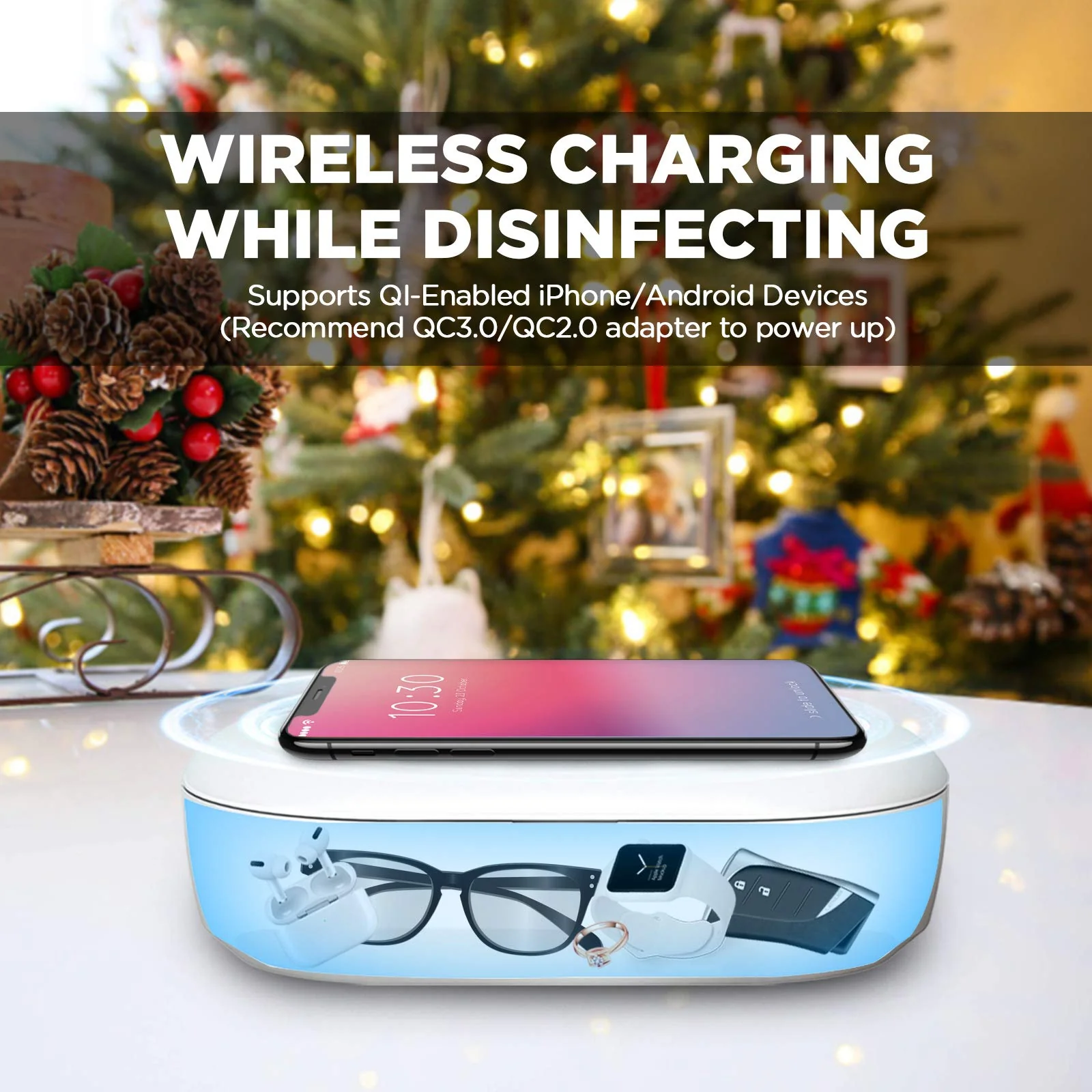 UV Light Sanitizer Box with Wireless Charging, 8 UV-C LED Lights for Phones, Toothbrushes, Nail Tools, Jewelry, and More (Green) - Image 2