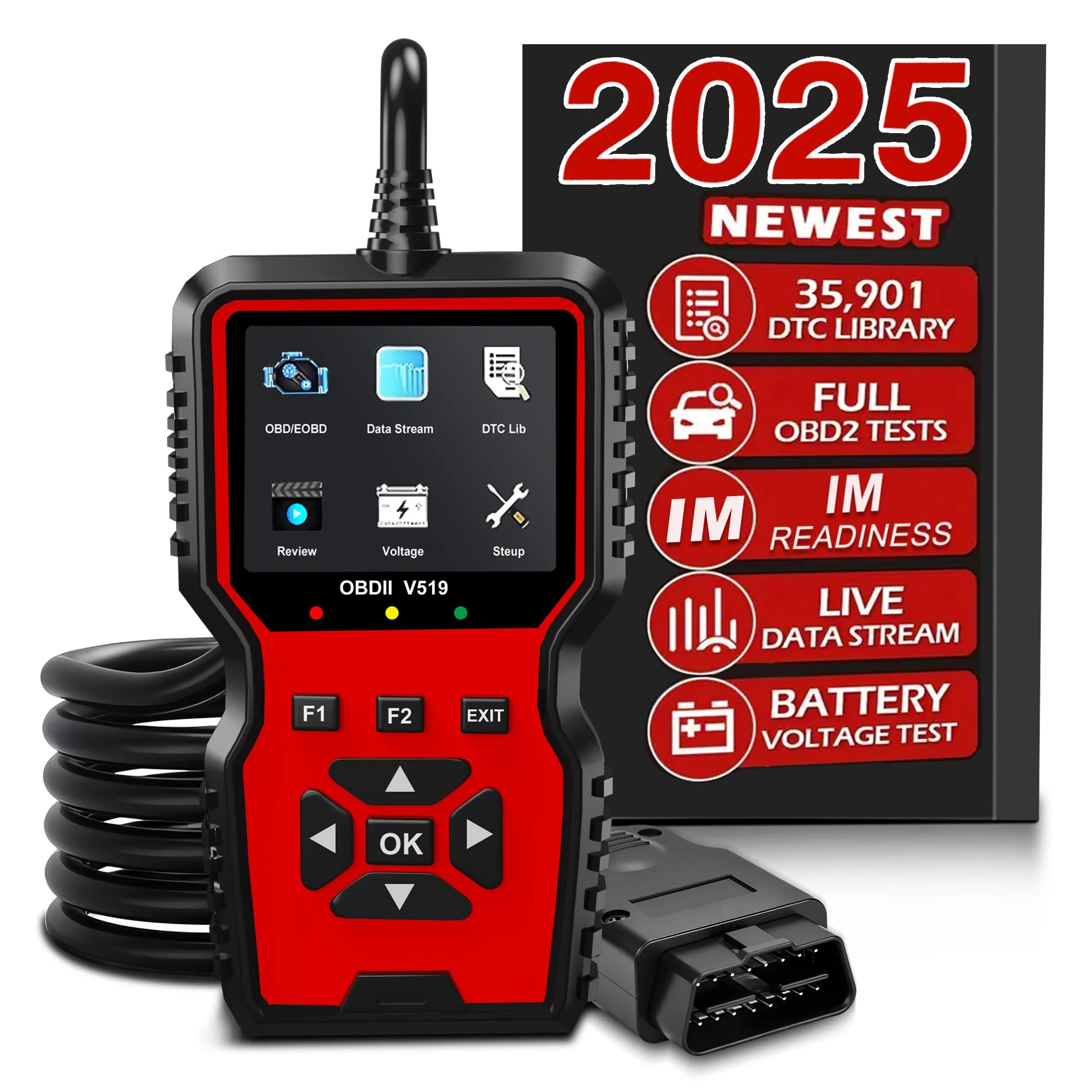 V519 OBD2 Diagnostic Scanner Tool - Vechicle Check Engine Light Code Reader with Battery Voltage Tester, I/M Readiness, Reset, and Code Eraser for All OBDII Car Since 1996 Red