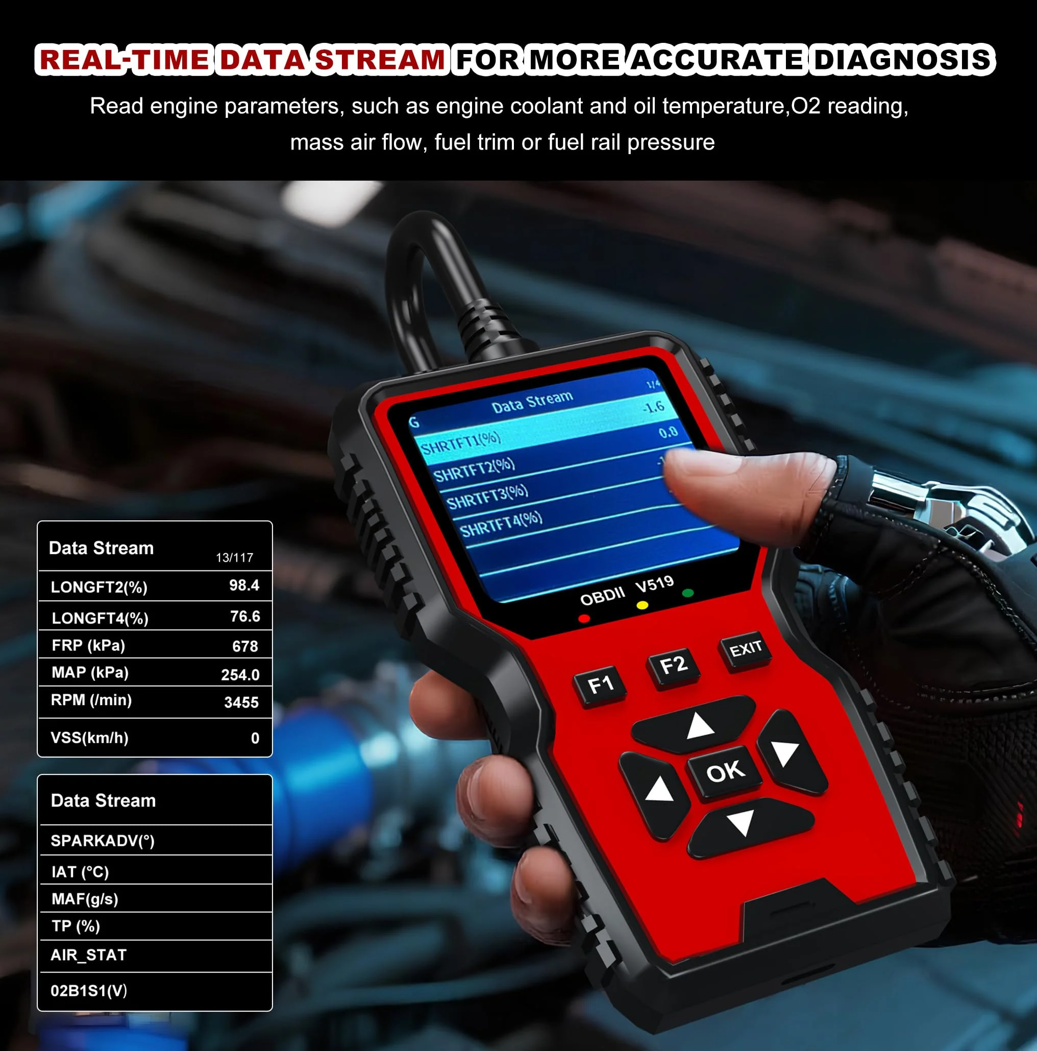 V519 OBD2 Diagnostic Scanner Tool - Vechicle Check Engine Light Code Reader with Battery Voltage Tester, I/M Readiness, Reset, and Code Eraser for All OBDII Car Since 1996 Red - Image 3