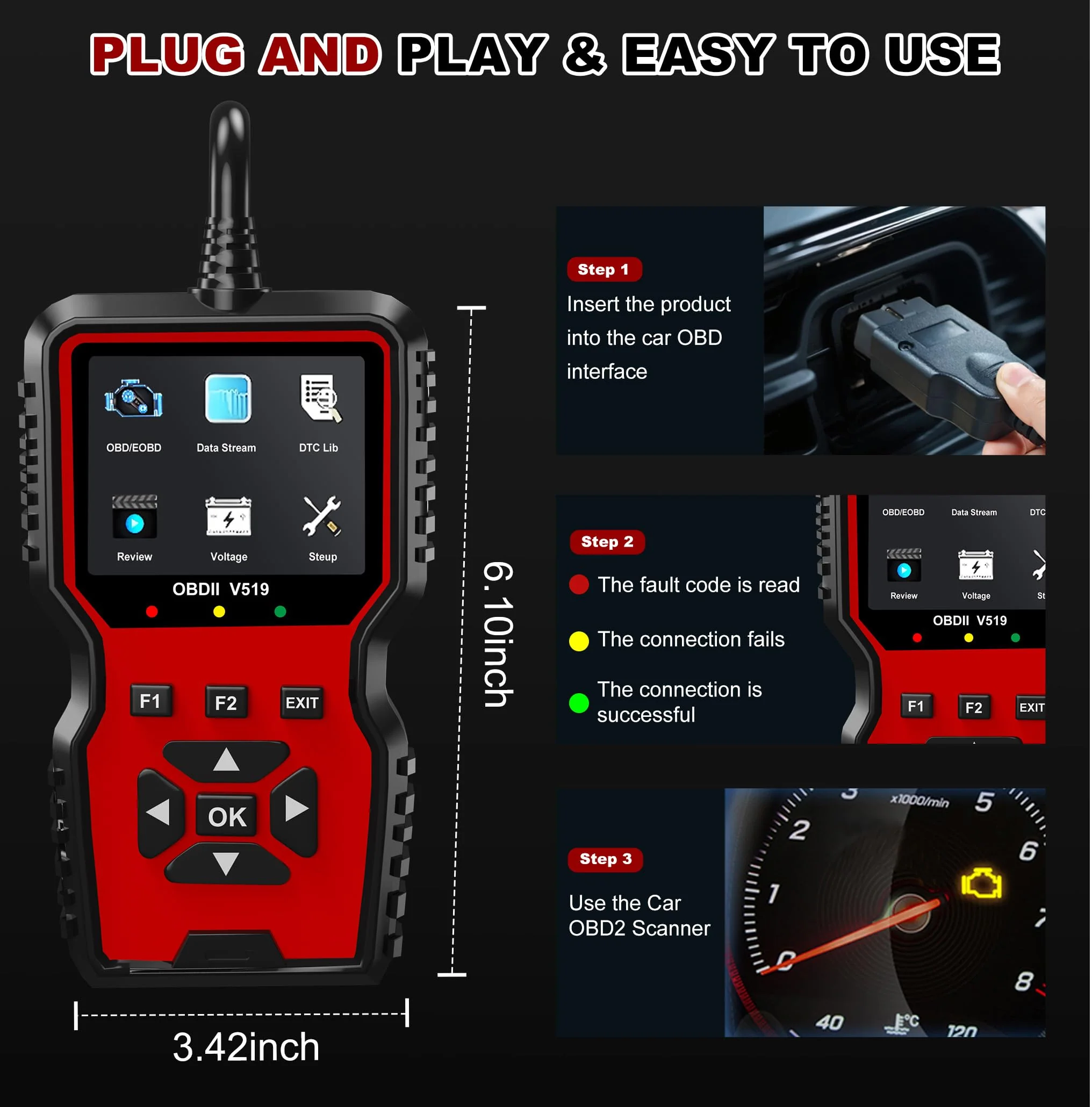 V519 OBD2 Diagnostic Scanner Tool - Vechicle Check Engine Light Code Reader with Battery Voltage Tester, I/M Readiness, Reset, and Code Eraser for All OBDII Car Since 1996 Red - Image 5
