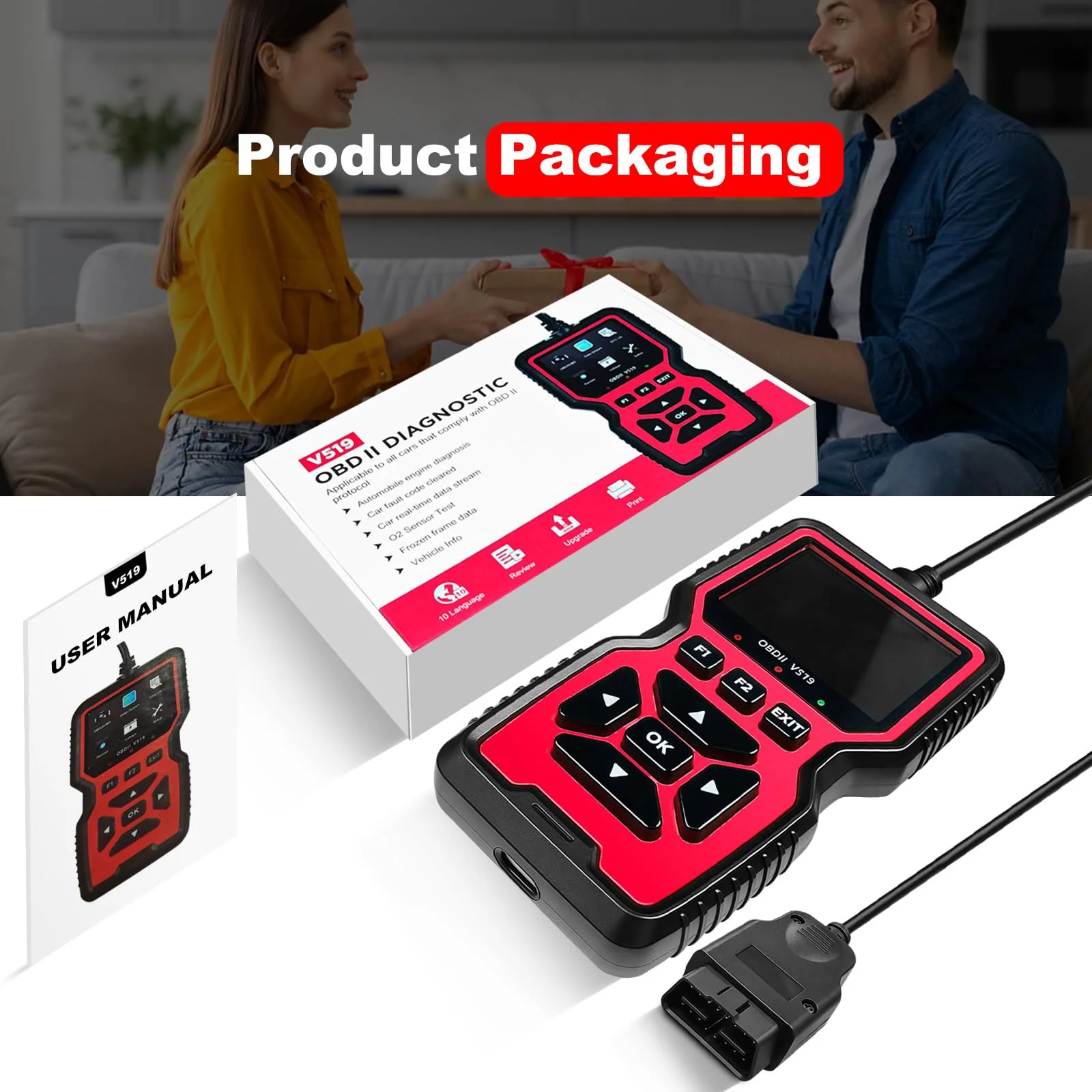 V519 OBD2 Diagnostic Scanner Tool - Vechicle Check Engine Light Code Reader with Battery Voltage Tester, I/M Readiness, Reset, and Code Eraser for All OBDII Car Since 1996 Red - Image 9