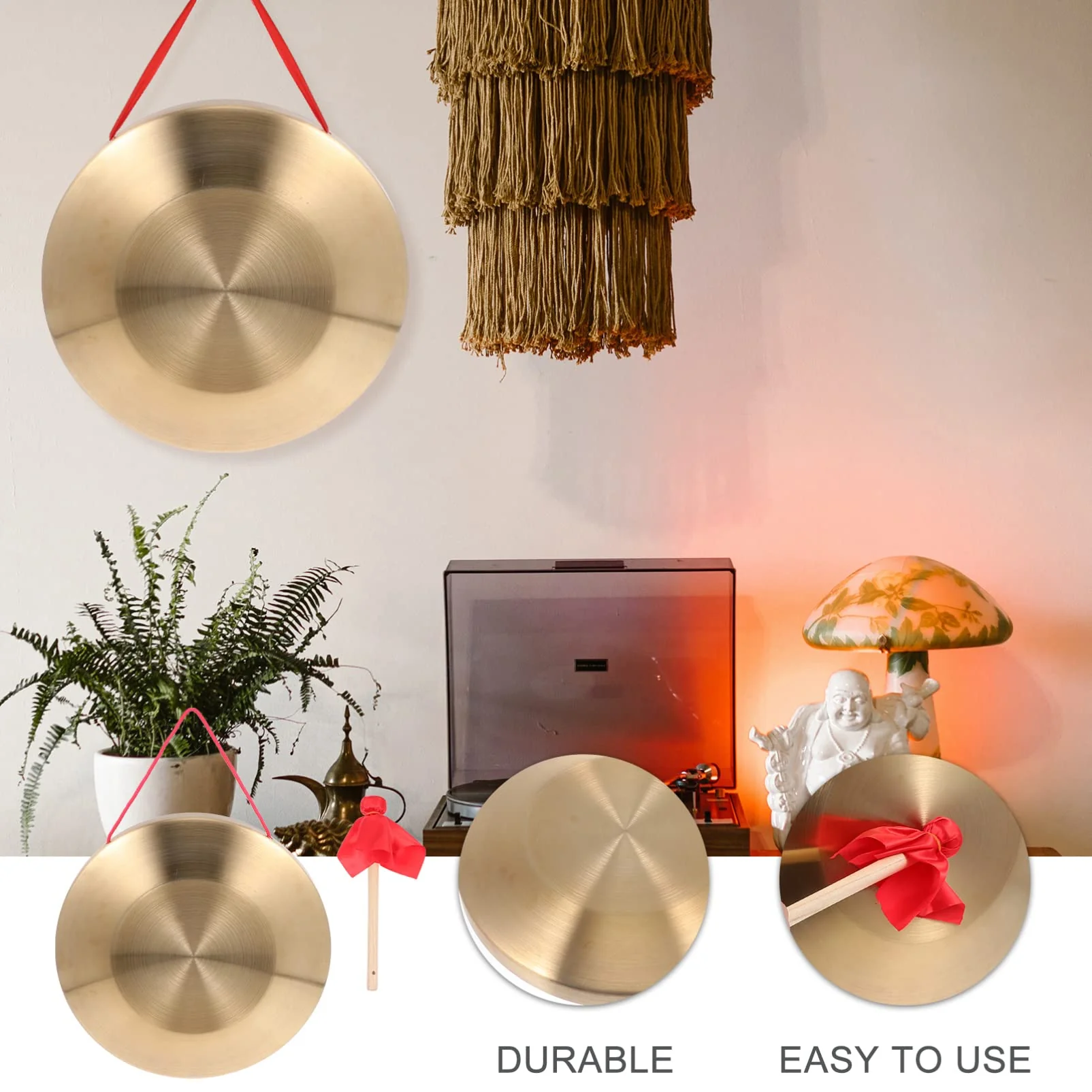 Vaguelly 12.6 Inch Copper Gong Set Traditional Chinese Percussion Instrument with Wooden Hammer and Hanging String for Music Performance 32X32cm - Image 8