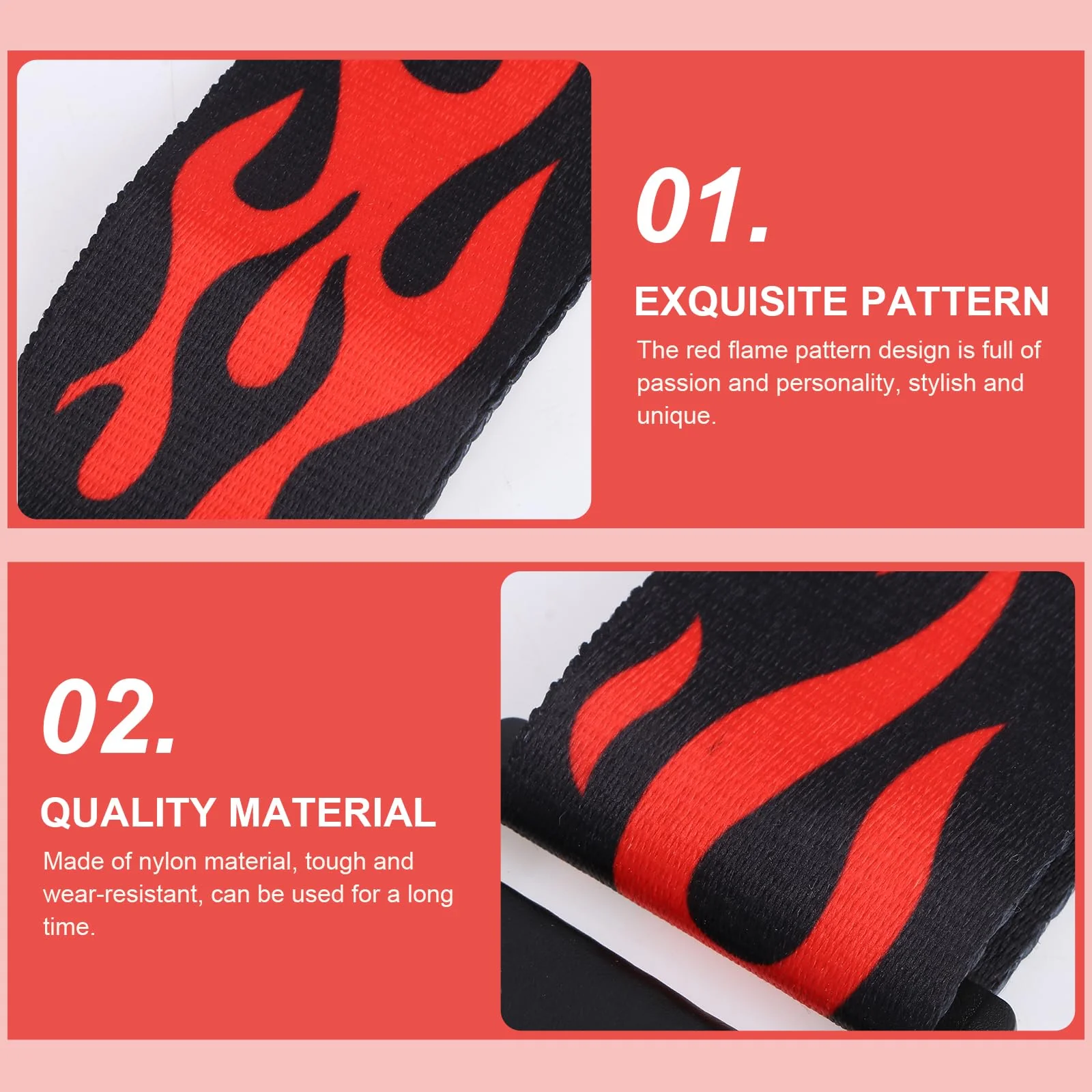 Vaguelly Guitar Strap, Red Flame Jacquard Guitar Strap with Leather End, Adjustable Length, for Guitar As Shown01 - Image 5