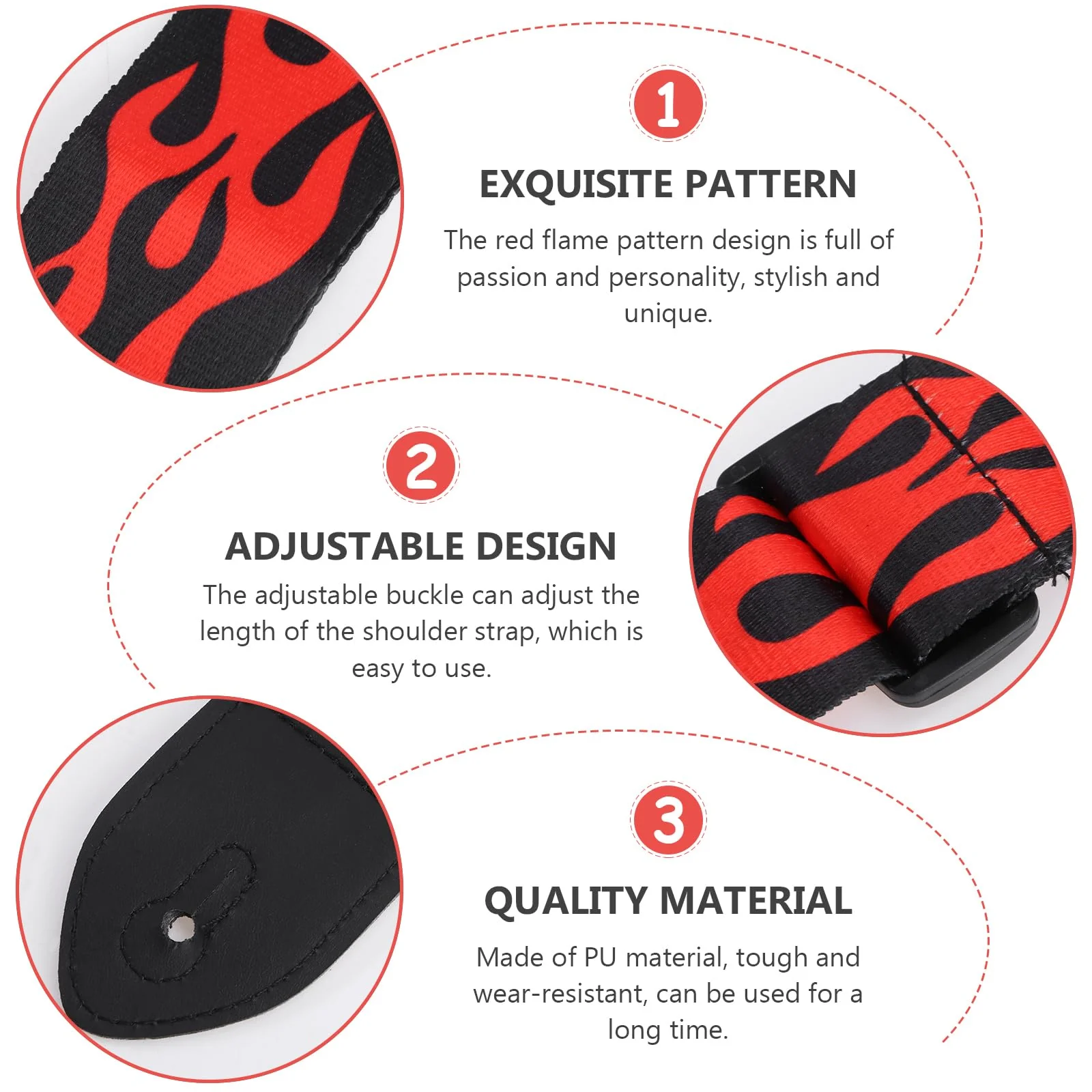 Vaguelly Guitar Strap, Red Flame Jacquard Guitar Strap with Leather End, Adjustable Length, for Guitar As Shown01 - Image 6