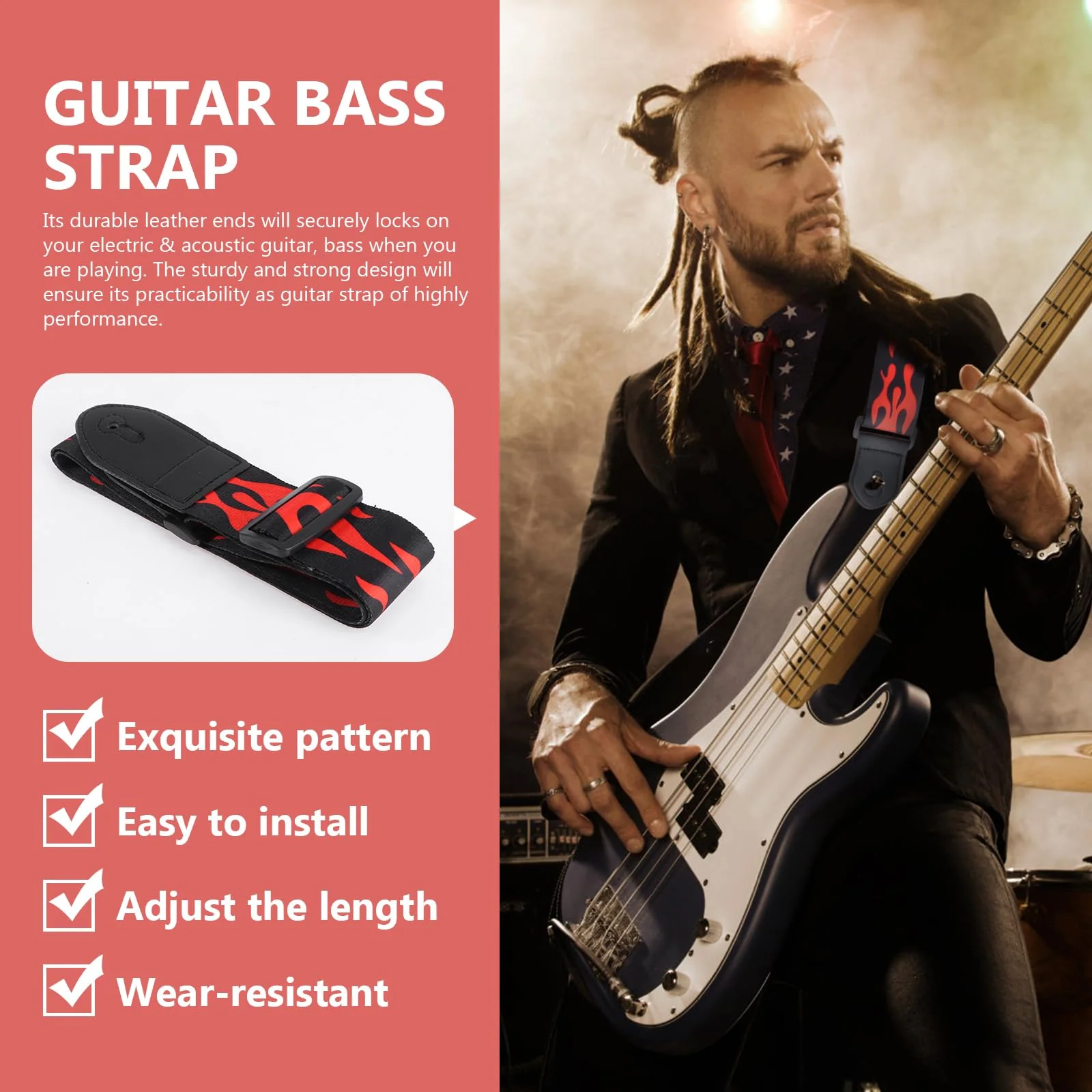 Vaguelly Guitar Strap, Red Flame Jacquard Guitar Strap with Leather End, Adjustable Length, for Guitar As Shown01 - Image 8