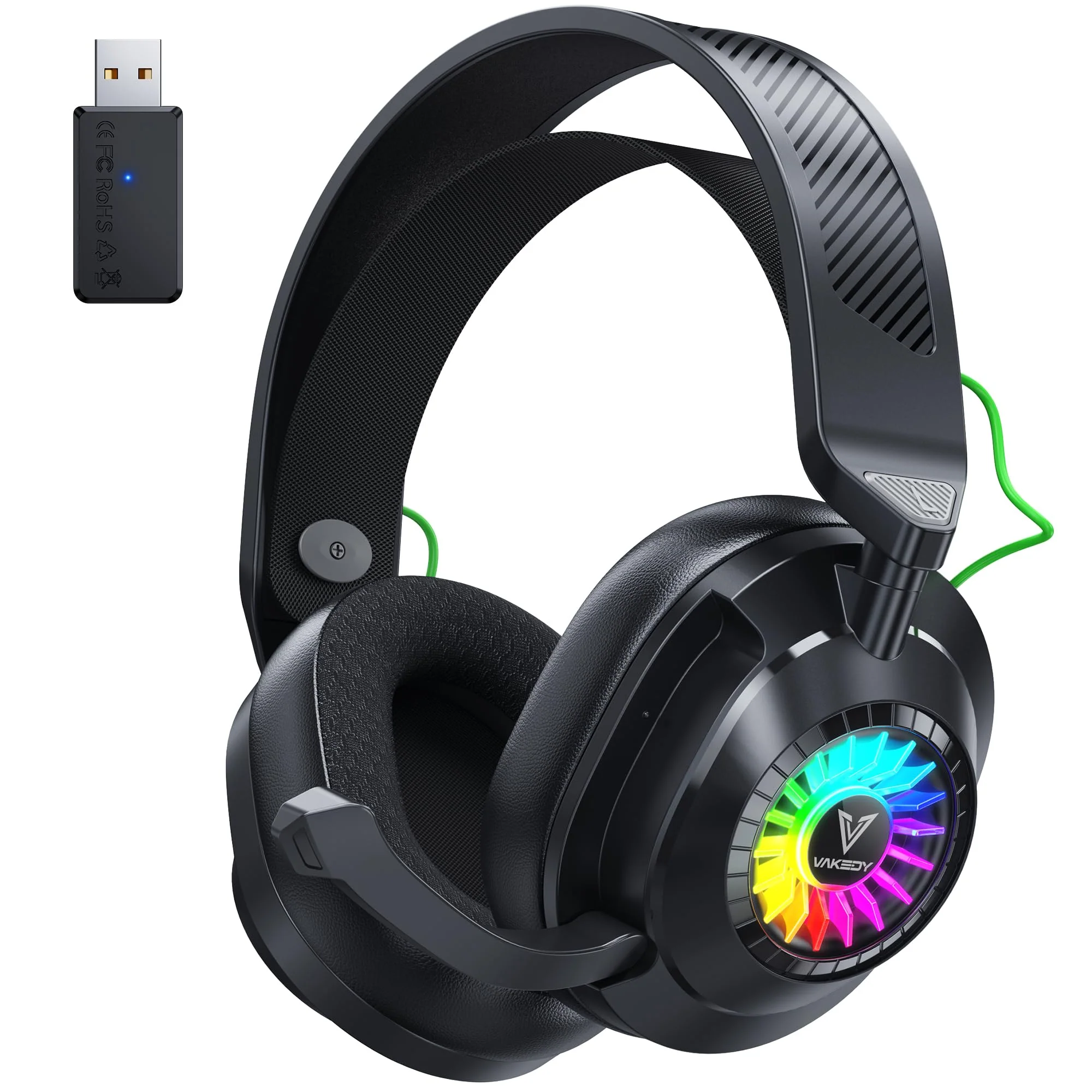 Vakedy HW10 Wireless Gaming Headset for PS5, PS4, PC, Switch, Mac, 2.4GHz Wireless Gaming Headphone with Flip Noise Canceling Mic, 50H Battery, 50mm Drivers, RGB Lights (Cool Black) Cool Black