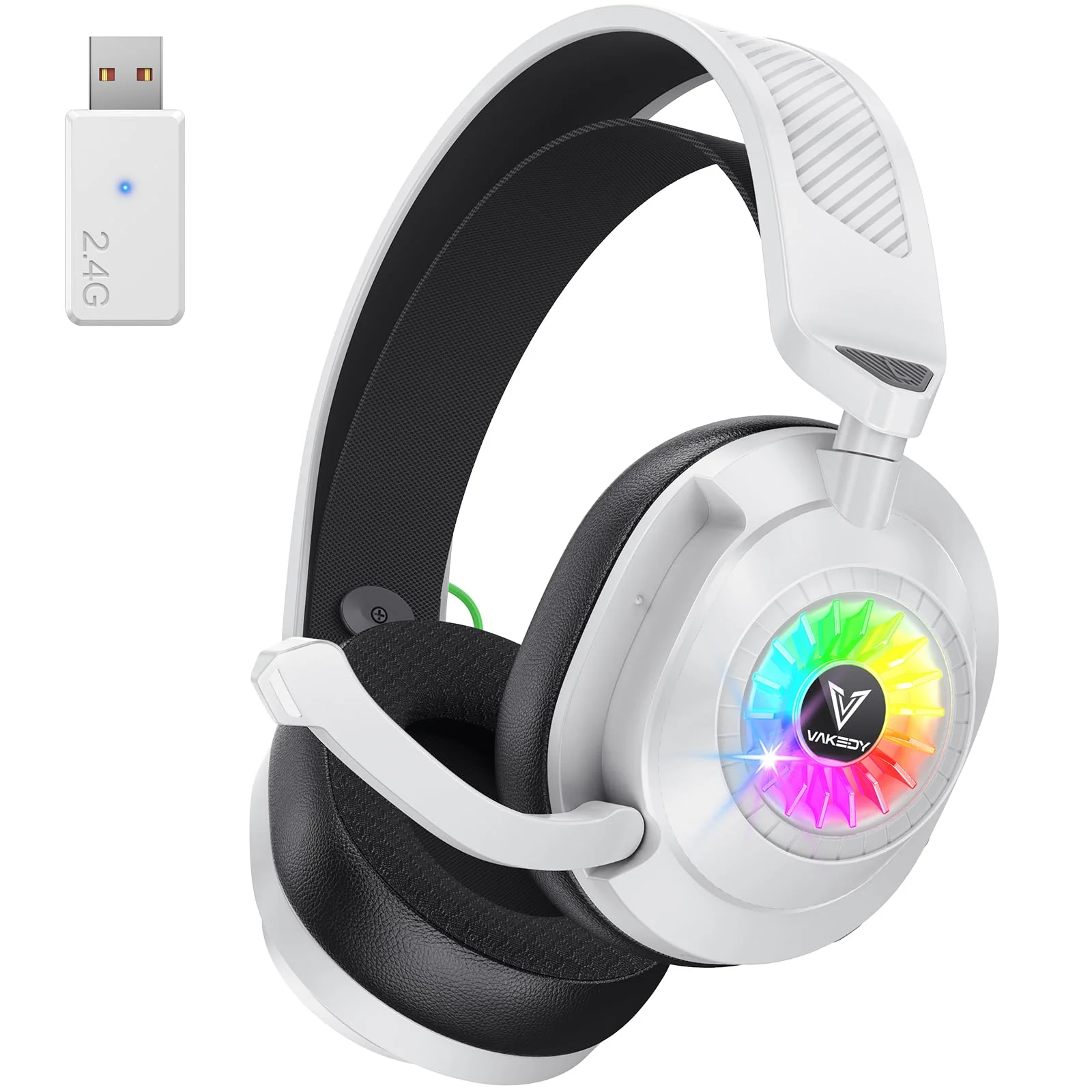 Vakedy HW10 Wireless Gaming Headset for PS5, PS4, PC, Switch, Mac, 2.4GHz Wireless Gaming Headphone with Flip Noise Canceling Mic, 50H Battery, 50mm Drivers, RGB Lights (White/Black) White/Black