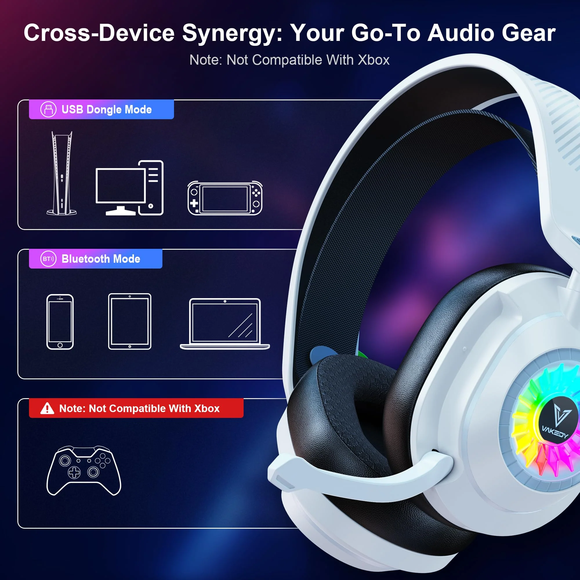 Vakedy HW10 Wireless Gaming Headset for PS5, PS4, PC, Switch, Mac, 2.4GHz Wireless Gaming Headphone with Flip Noise Canceling Mic, 50H Battery, 50mm Drivers, RGB Lights (White/Black) White/Black - Image 5