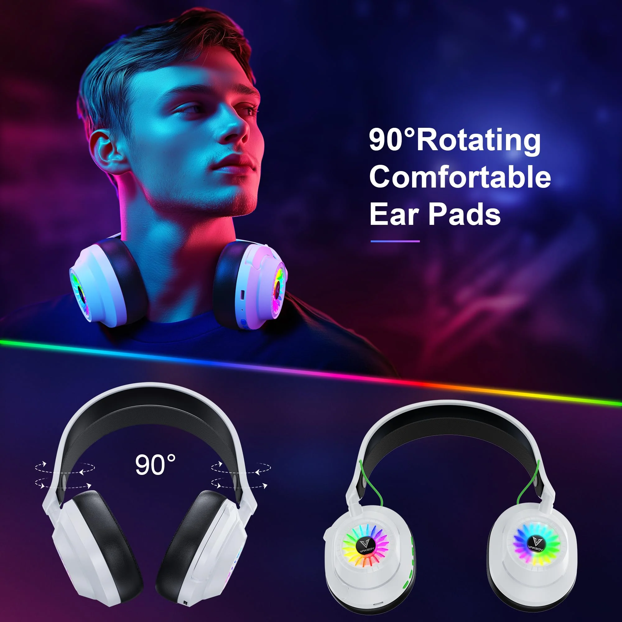 Vakedy HW10 Wireless Gaming Headset for PS5, PS4, PC, Switch, Mac, 2.4GHz Wireless Gaming Headphone with Flip Noise Canceling Mic, 50H Battery, 50mm Drivers, RGB Lights (White/Black) White/Black - Image 6