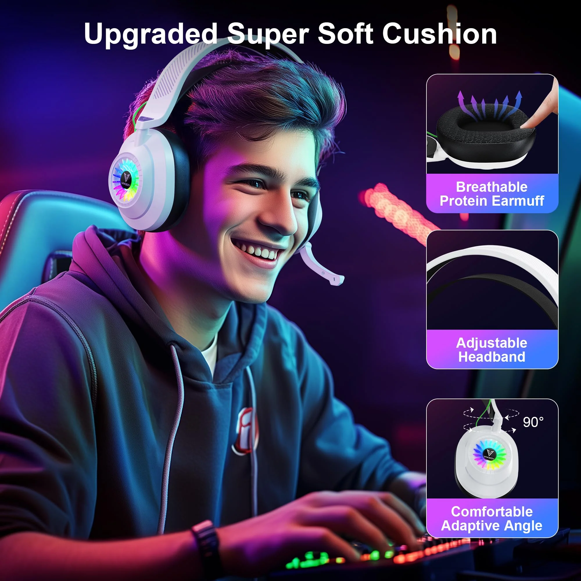 Vakedy HW10 Wireless Gaming Headset for PS5, PS4, PC, Switch, Mac, 2.4GHz Wireless Gaming Headphone with Flip Noise Canceling Mic, 50H Battery, 50mm Drivers, RGB Lights (White/Black) White/Black - Image 7