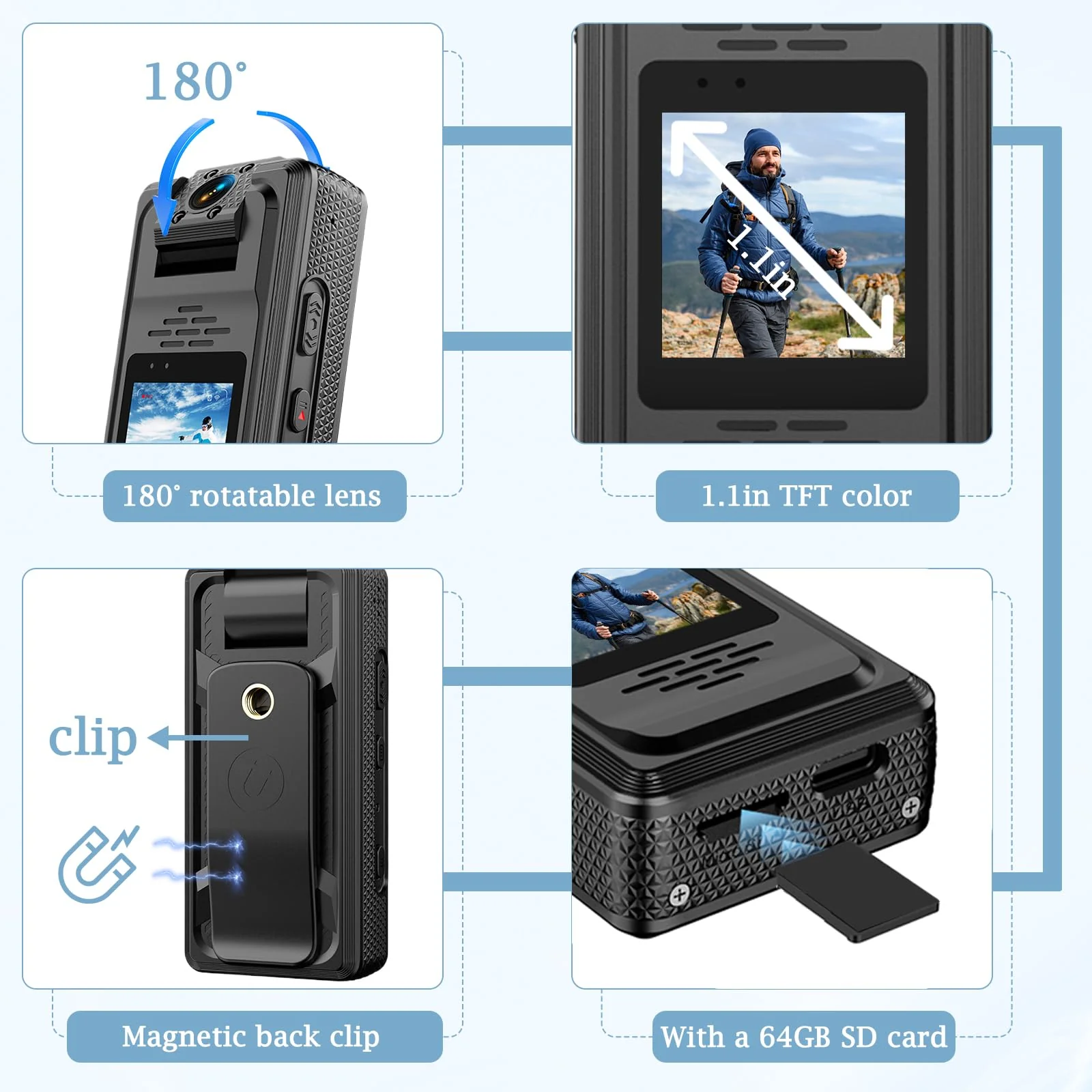 Valentines Gift Body Camera 2K BodyCam with Audio and Video Recording, Mini Camcorder with 64GB SD Card Night Vision Small POV Wearable Clip on Camera for Sports Police Vlog - Image 6