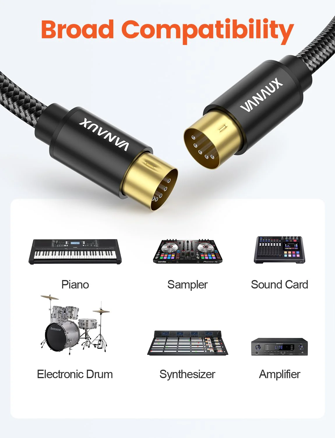 VANAUX MIDI Cable 6FT, Male to Male 5-Pin MIDI Cable Compatible with MIDI Keyboard, Keyboard Synth, Rack Synth, Sampler, External Sound Card, Sound Source and More-Black - Image 6