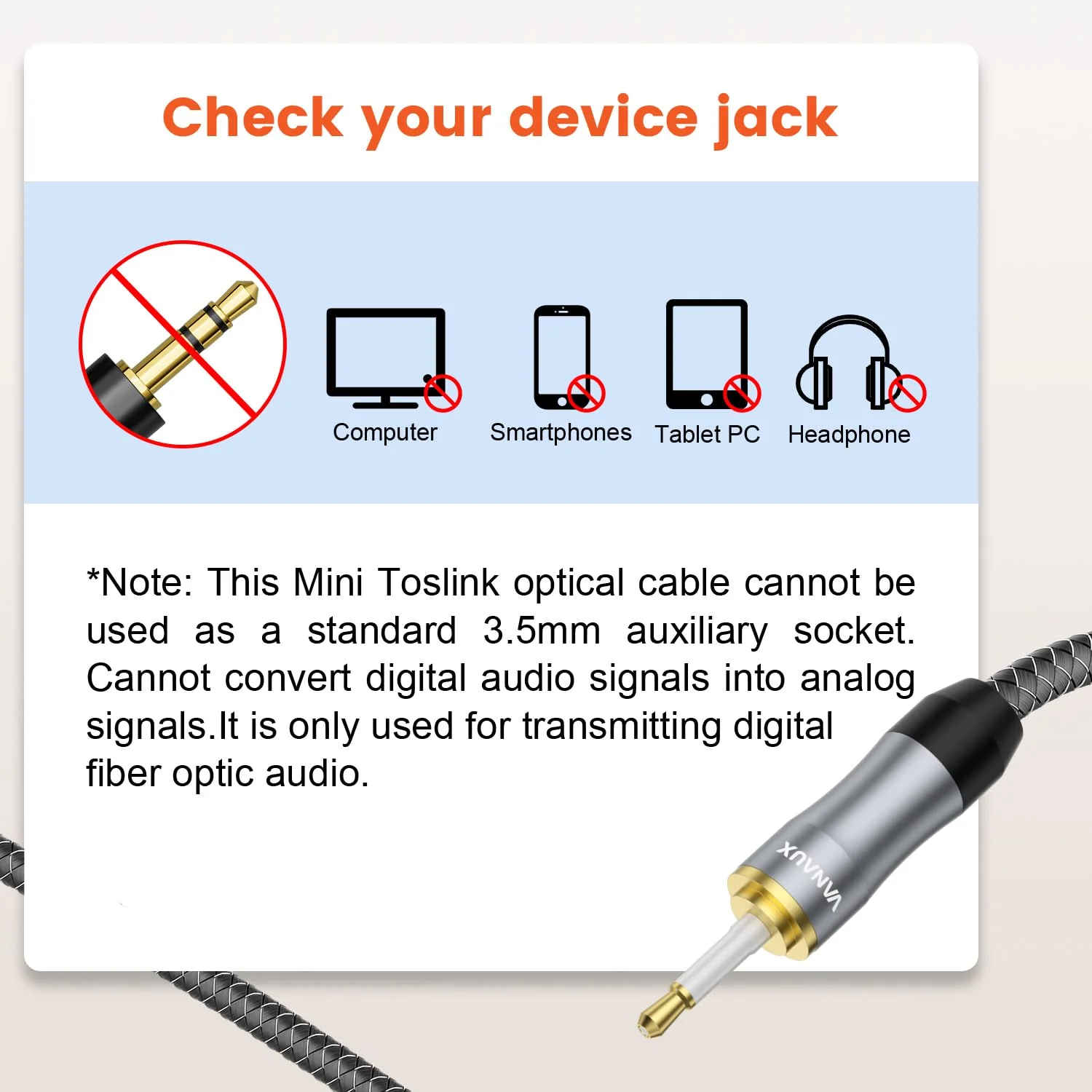 VANAUX Toslink to Mini Toslink Digital Optical Cable,S/PDIF Fiber Optic Audio Cable,24K Gold Plated for TV,Soundbars,Stereo SystemsăNot A 3.5mm Auxiliary Plugă(20ft/6m) Mini Toslink to Toslink 20 ft - Image 2