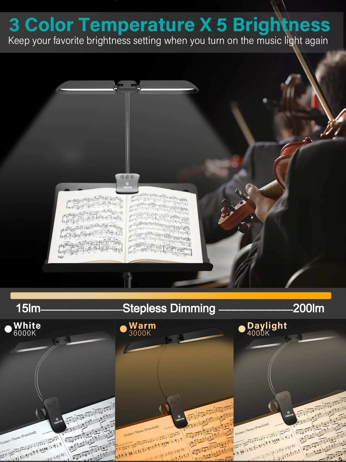 Vekkia 64 Led Rechargeable Music Stand Light, Folding Clip On Piano Lamp, Portable Professional 5 Brightness×3 Color Temperature, Perfect for Grand Piano, Book Reading. - Image 3