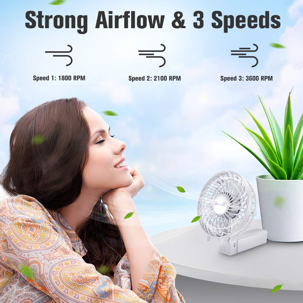 VersionTECH. Mini Portable Fan, USB Battery Operated Desk Fan, Small Personal Handheld Table Fan with USB Rechargeable Cooling Folding Electric Fan for Travel Office Room Household White - Image 3