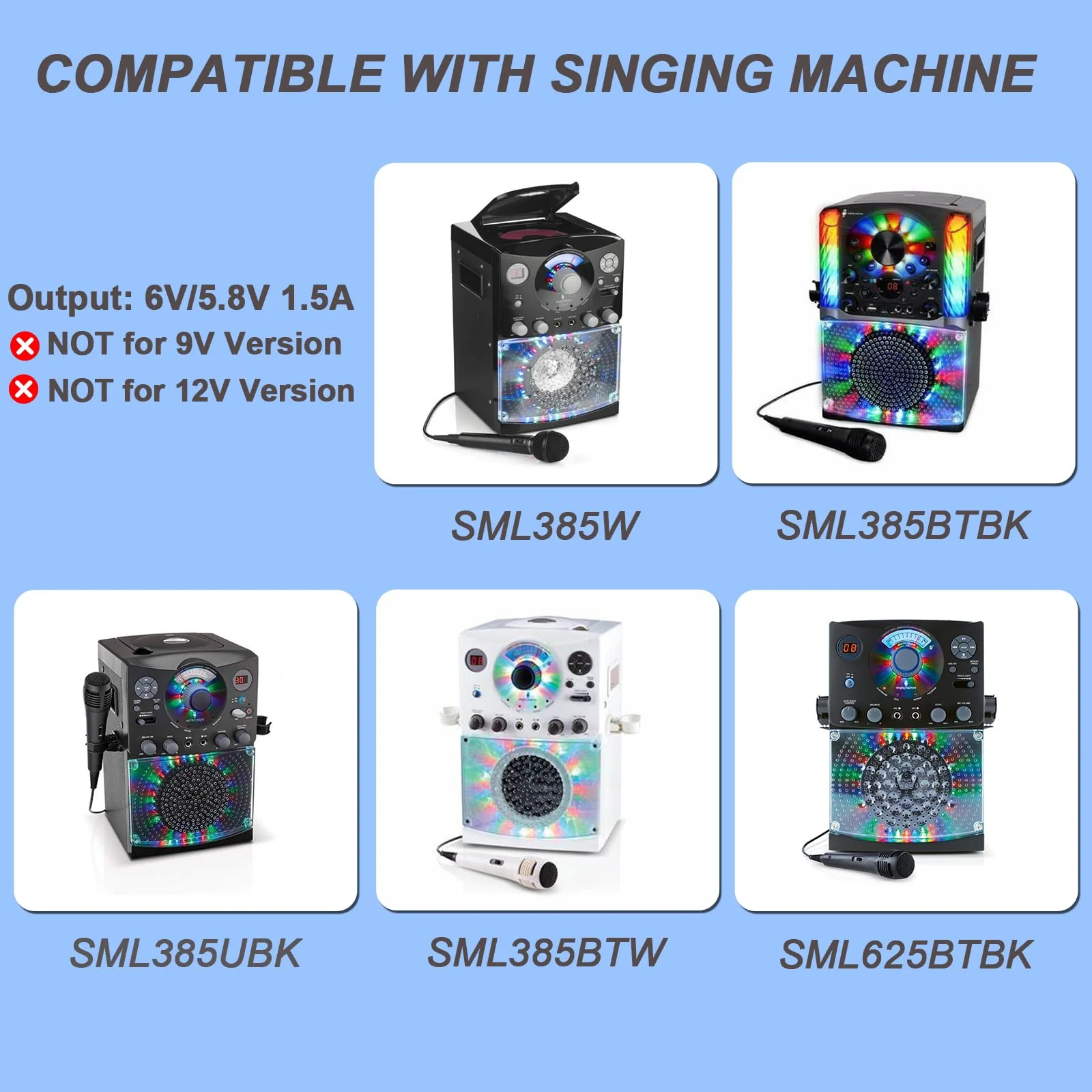 VHBW Karaoke Charger Replacement for Singing Machine SML-385 SML385 SML385W SML385BTW SML385BTBK SML385UBK IN-385W SML625BTBK CD G Player BT Karaoke GKYPS0200058US1 5.8V Power Adapter - Image 3
