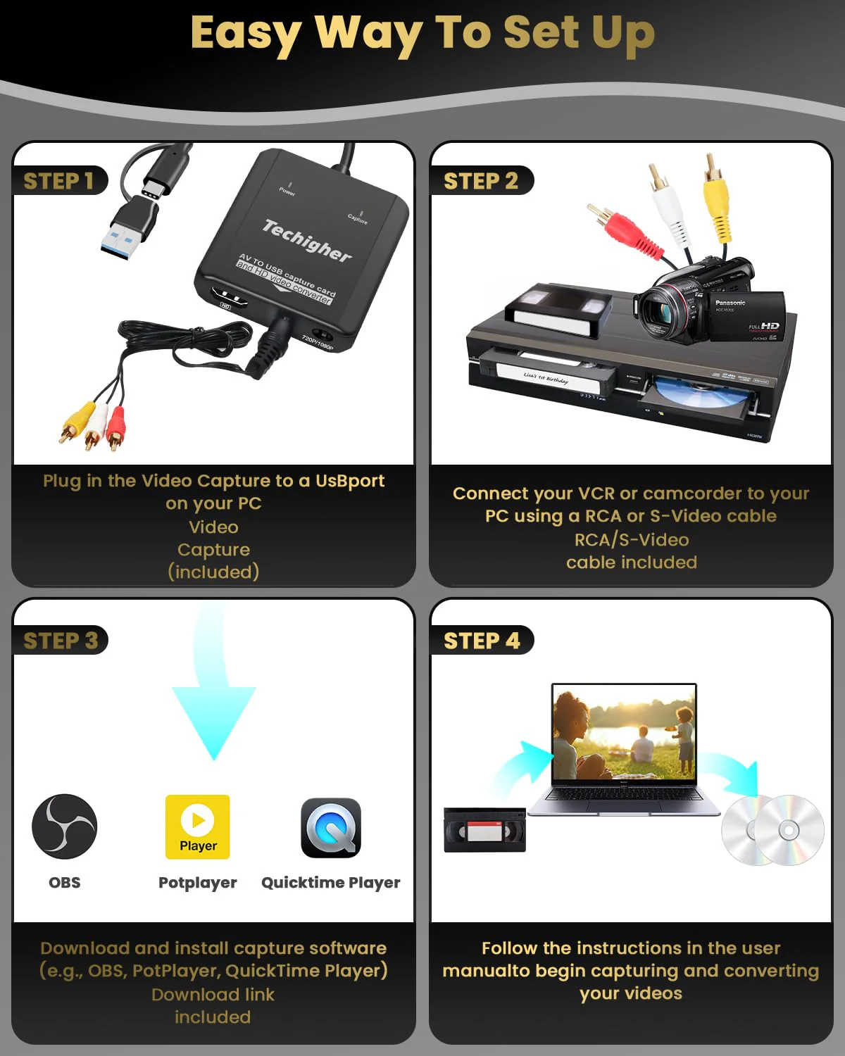 VHS to Digital Converter & RCA to HDMI Adapter USB Video Capture Card for VCR/DVD/AV/PS2/Wii,av to hdmi Converter to Display Output, wii hdmi Adapter,Save/Convert OldVideo (Optimized 2025) Optimized 2025 - Image 7
