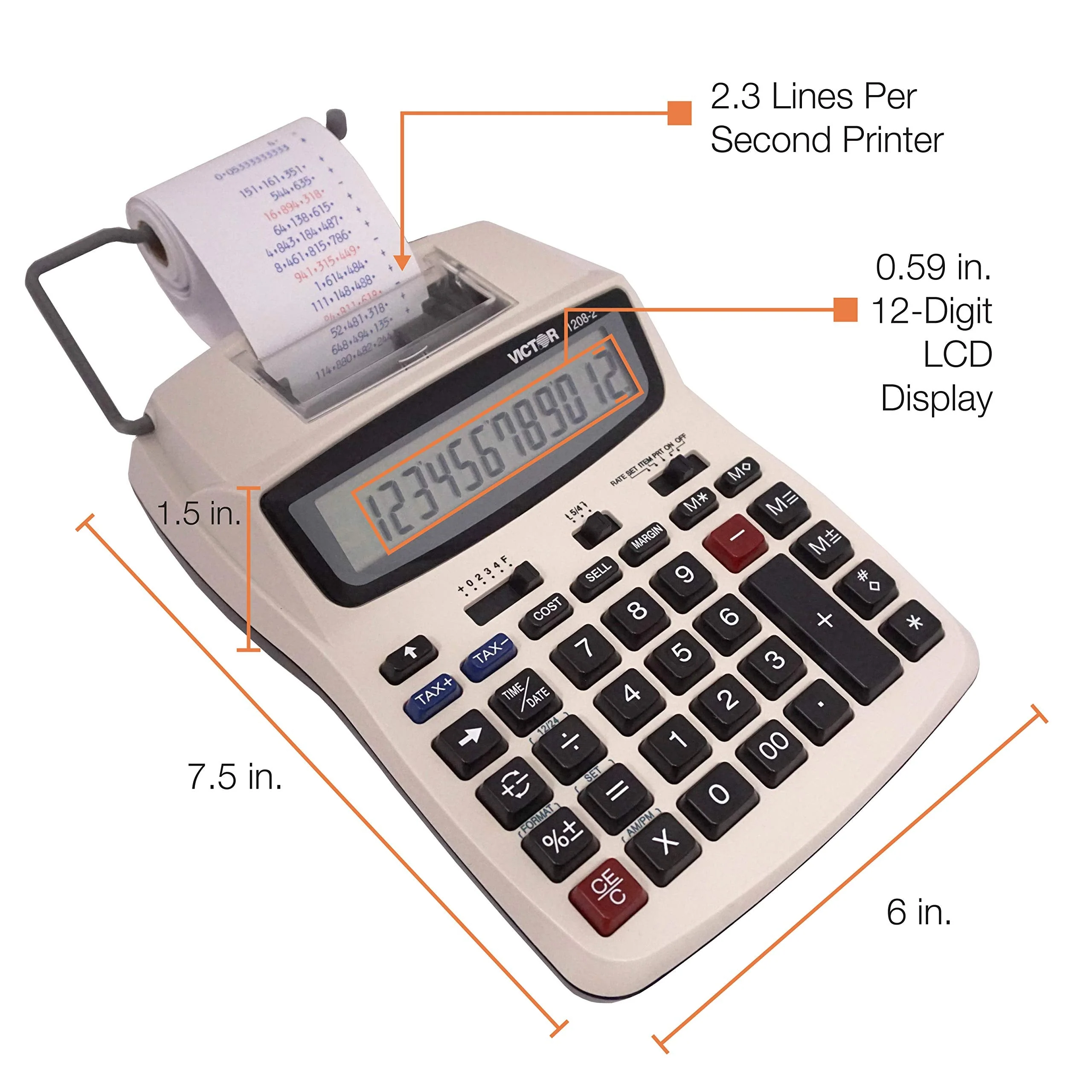 Victor Printing Calculator, 1208-2 Compact and Reliable Adding Machine with 12 Digit LCD Display, Battery or AC Powered, Includes Adapter,White 1.5" x 6" x 7.5" - Image 3